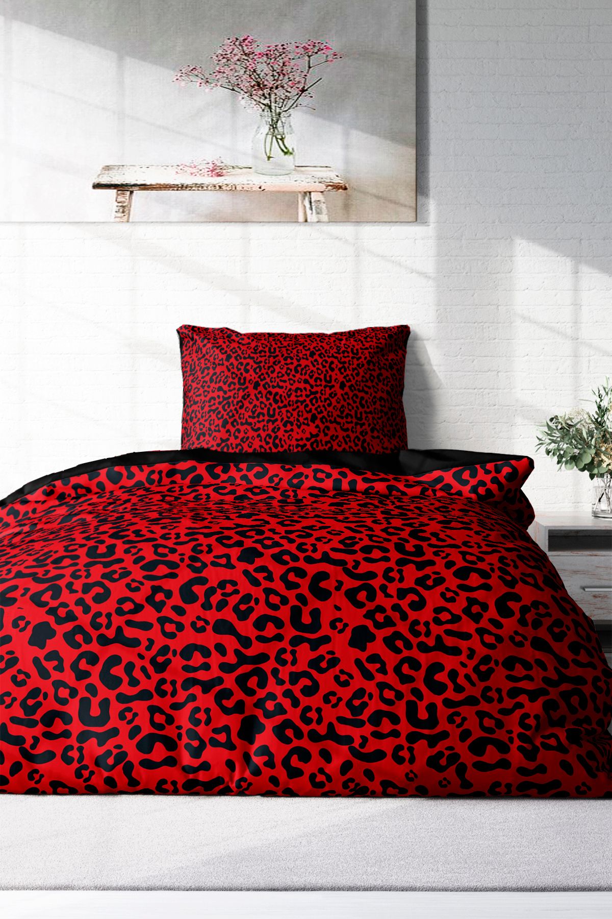 MonoHome %100 Pamuk Saten Tek Kişilik Nevresim Takımı Red Leopar