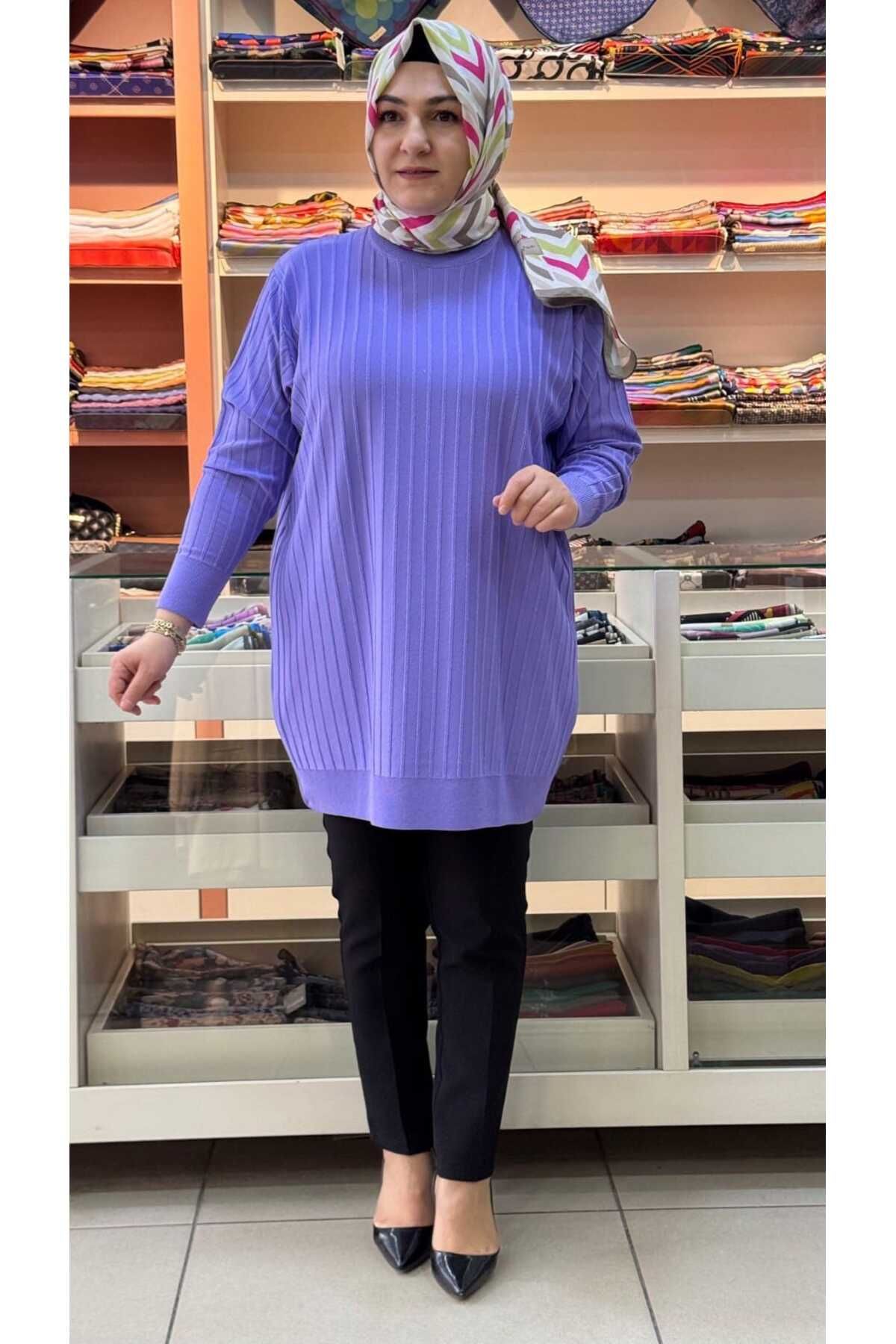 inza moda Yarım Balıkçı Yaka Kendinden Çizgili Triko Tunik Lila2480