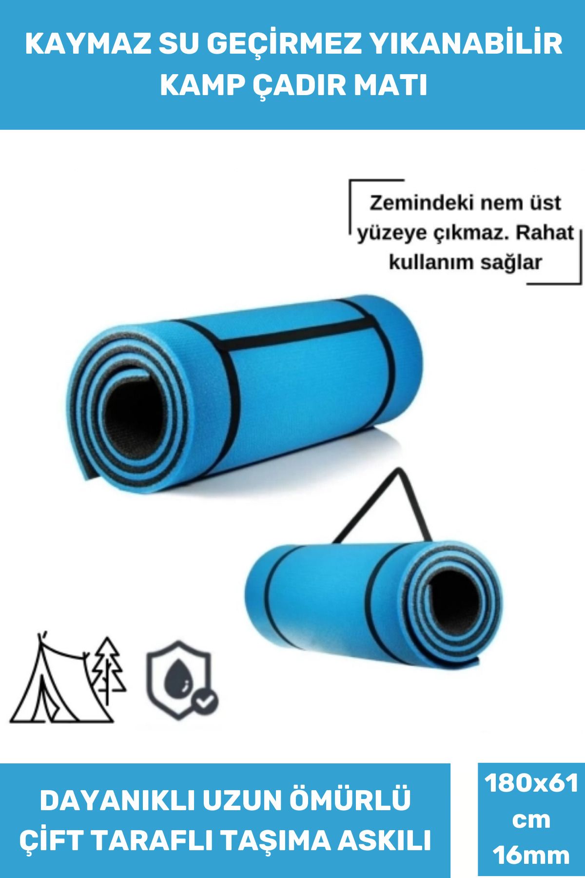 Thriftbuds Premium Taşıma Askılı Konforlu Su Geçirmez Çift Taraflı Zemin Çadır Kamp Uyku Matı Yer Minderi 16 mm