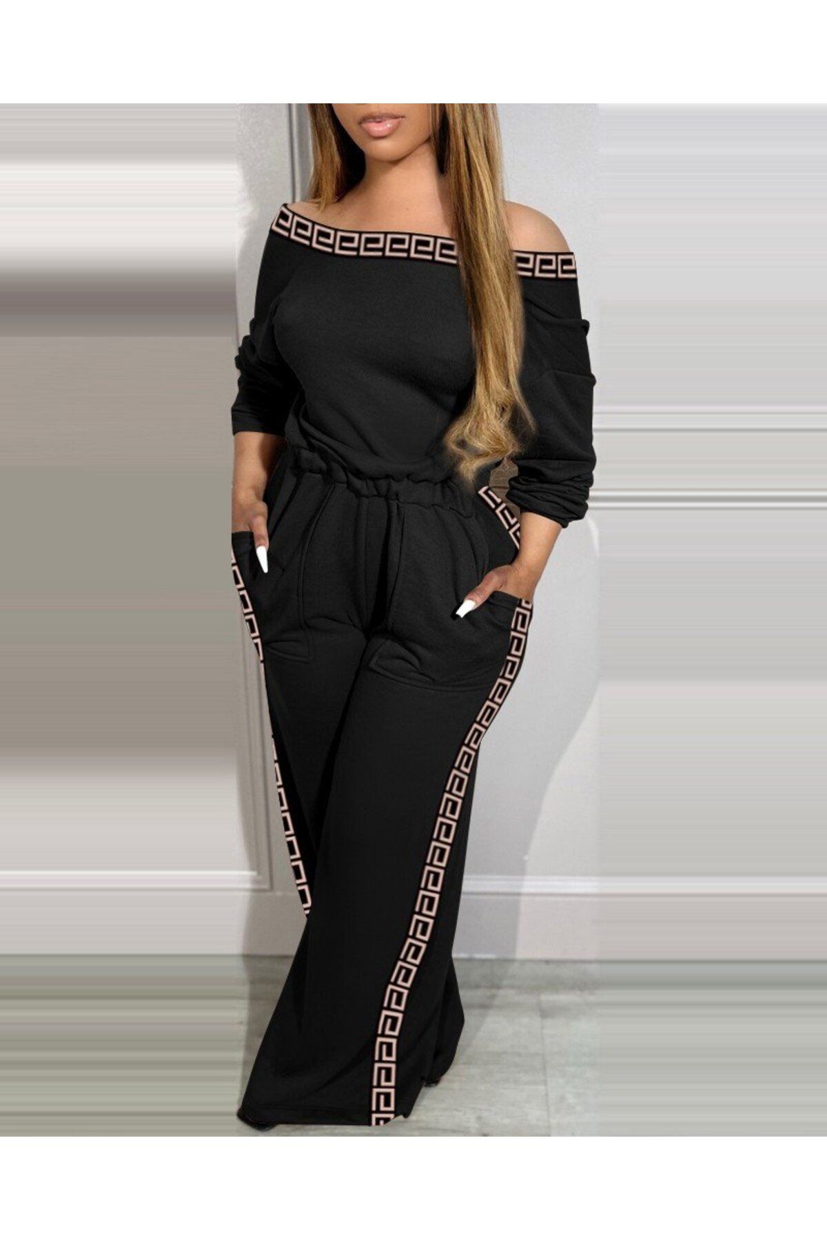 fh fashionhere Kadın Uzun Kollu Omuzlardan Açık Beli Lastikli Cepli şerit Desenli Viskon Iki Iplik T