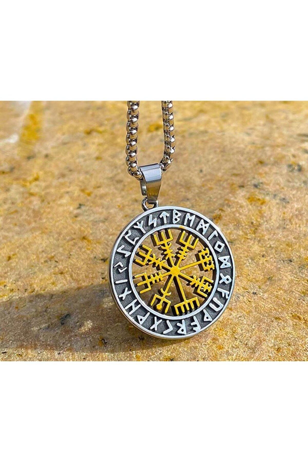 Herşey Nota Viking Nordik Vegvisir İşlemeli Runik Sembollü 316L Paslanmaz Çelik Kolye Gold