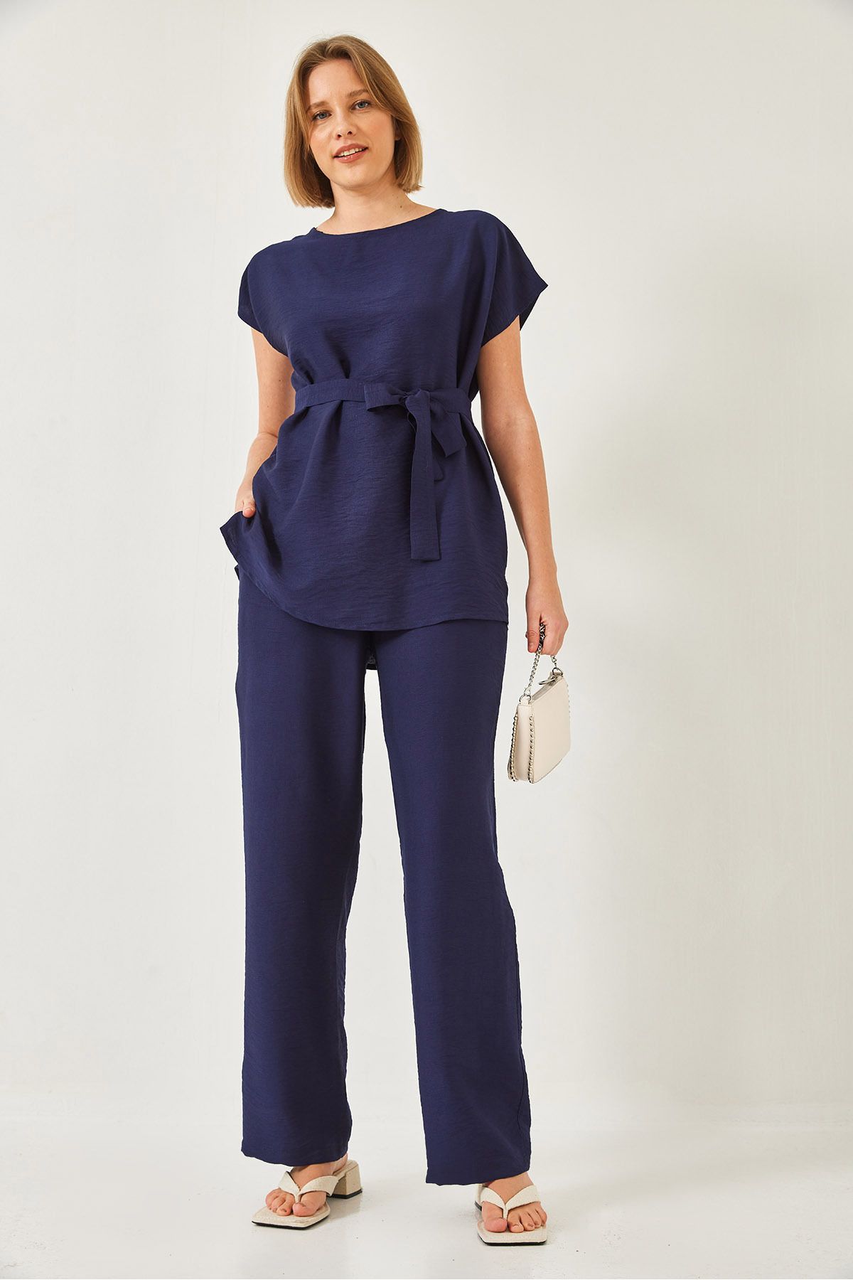 Bianco Lucci-Linen Belted Palazzo Trousers Set - Ayrobin 60323 60271039 2