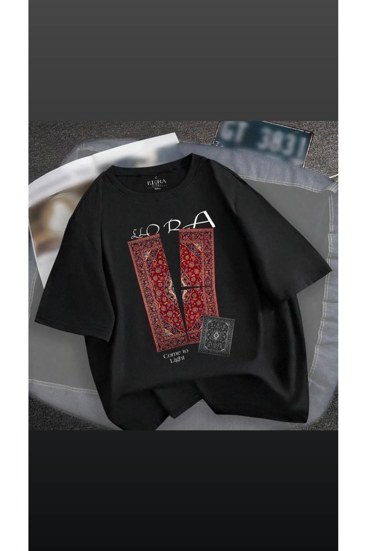 MODA24 Siyah Unisex Oversize Etnik desen T-Shirt