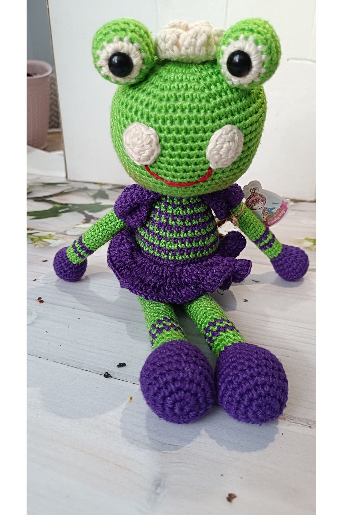 KREATİF TASARIM Amigurumi Yeşil Mor Elbiseli Kurbağa