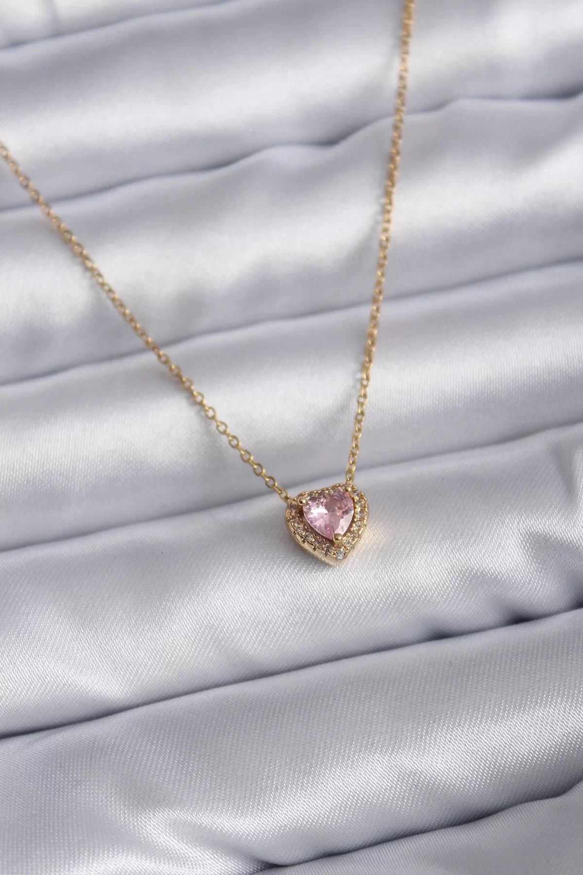 TREND 316L Çelik Zincir Gold Renk Pembe Zirkon Taşlı Charm Kadın Kolye