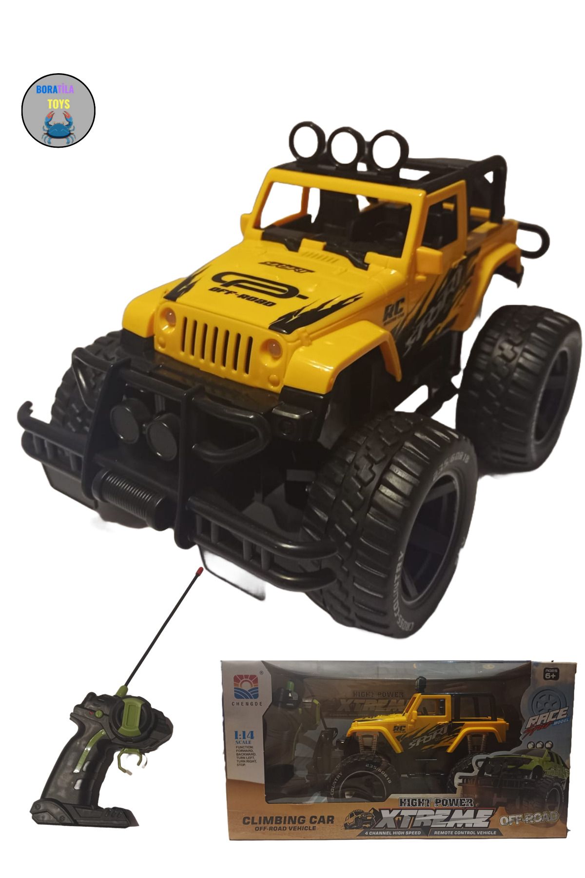 Boratila Toys 27 Mhz 1:14 /26 Cm Büyük Boy Özel Kumandalı Hızlı Farları Yanan Full Fonksiyon SARI Off Road Araba