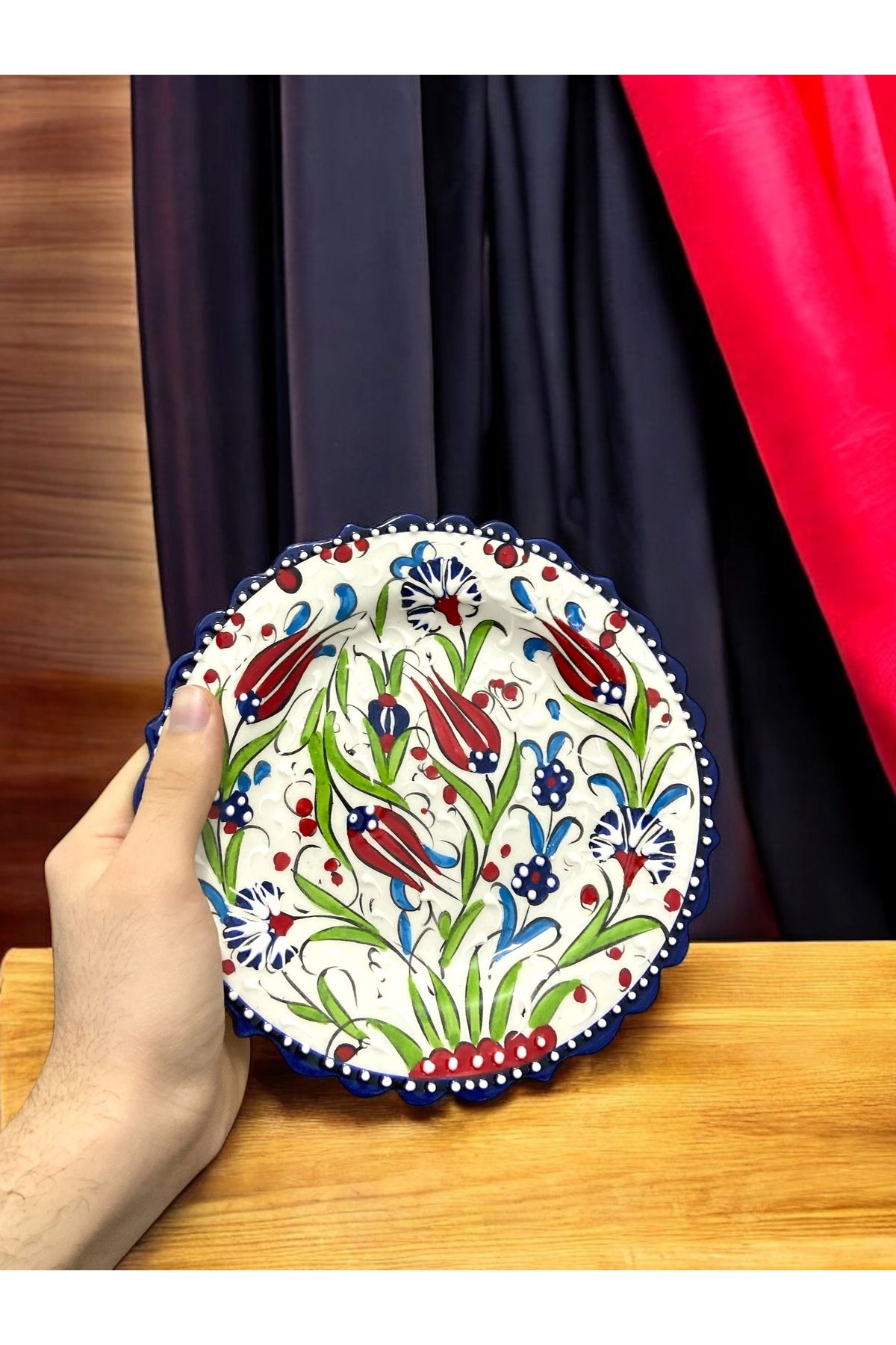 STORESZA Zarif Çini Tabak - Lale Motifli (15 cm) + Tabak Ayaklığı Hediye