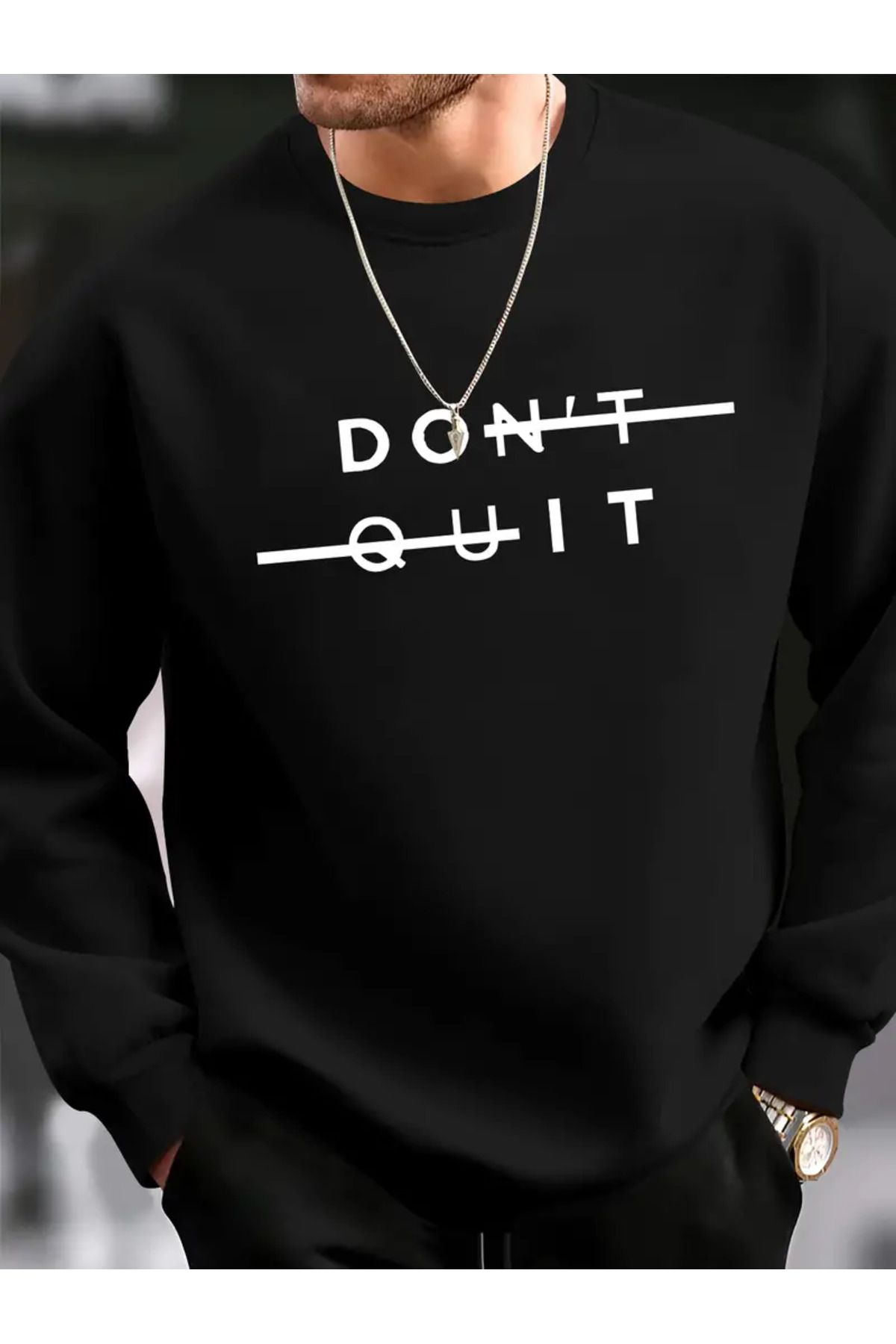 Pink Sky DONT QUIT Baskılı Siyah Bisiklet Yaka Sweatshirt Oversize Unisex Kalın Kışlık