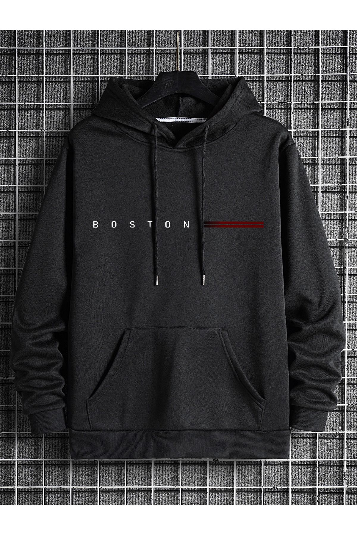 Pink Sky Erkek Boston Baskılı Kapşonlu Sweatshirt