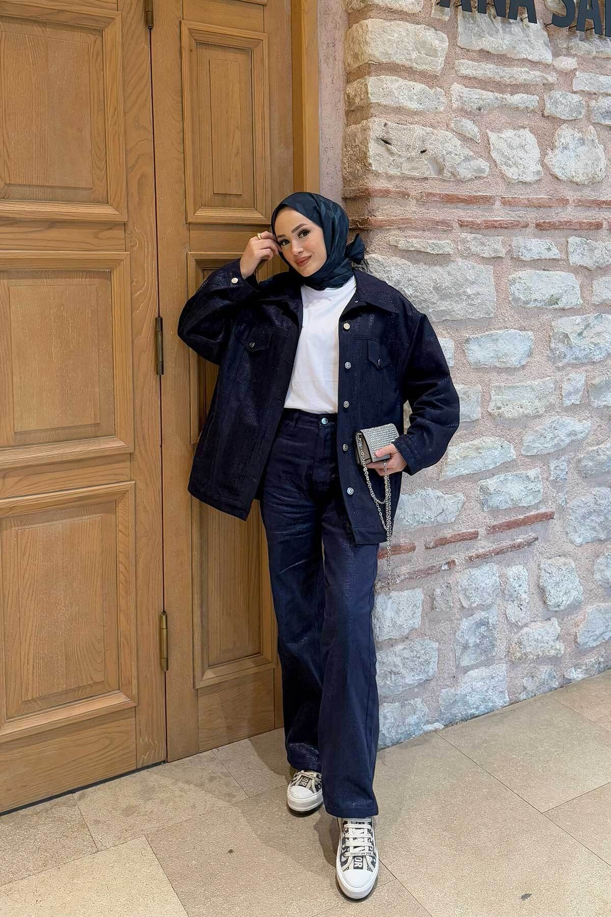 Melike Tatar-Navy Blue Wide Leg Gabardine Trousers 32-3501 1