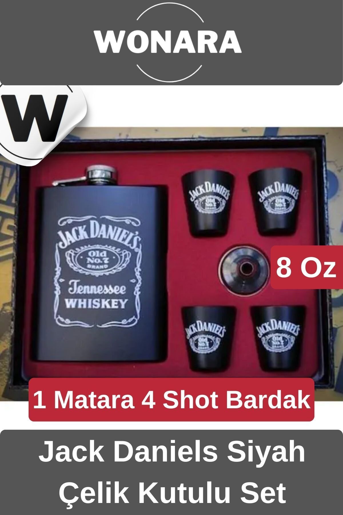 Wonara Özel Tasarım Hediye Zarif Jack Daniels Soğuk Tutan Siyah Çelik Kutulu 1 Matara 4 Shot Bardak Seti