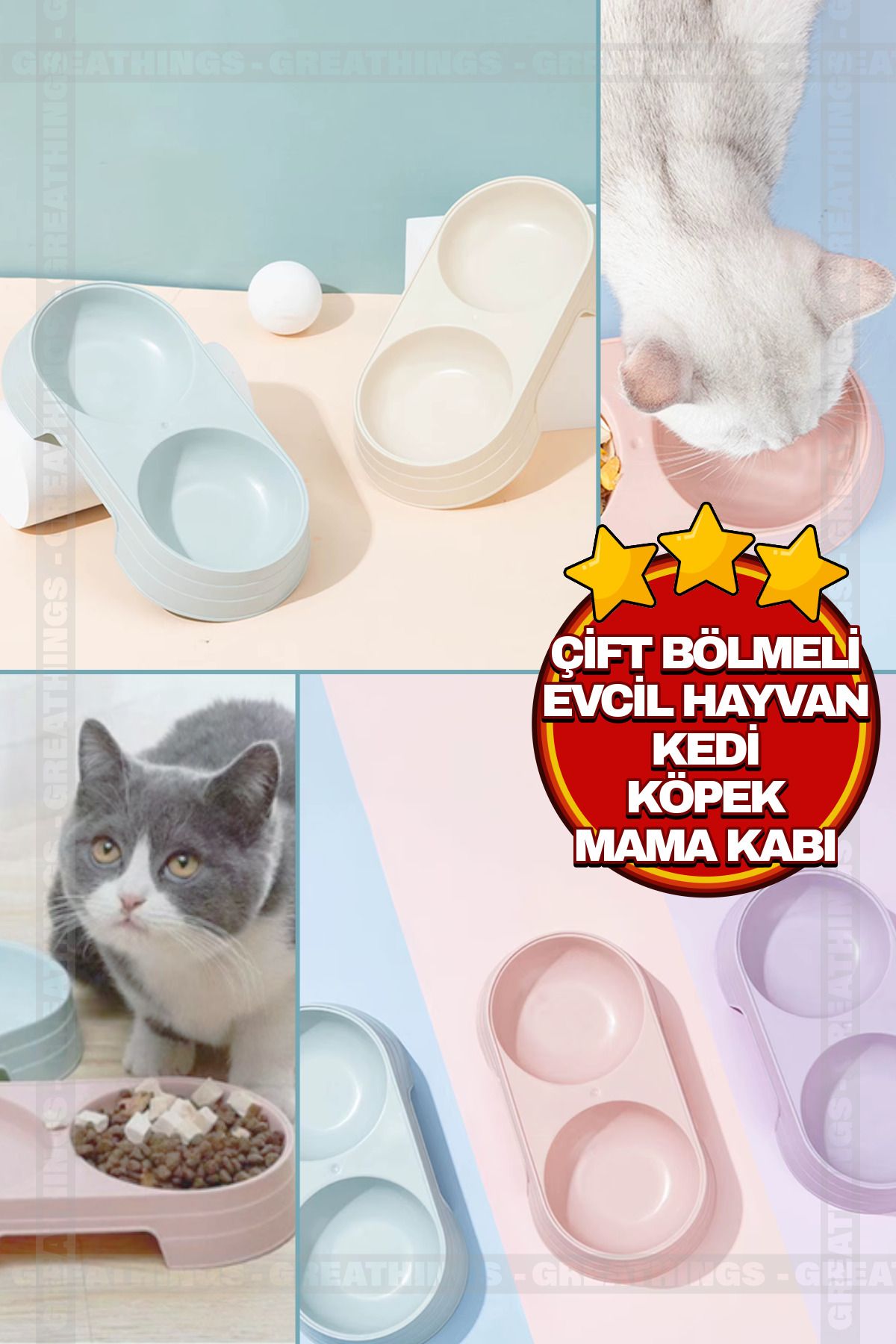 Greathings Kaliteli Çift Bölmeli Evcil Hayvan Kedi Köpek Mama Kabı