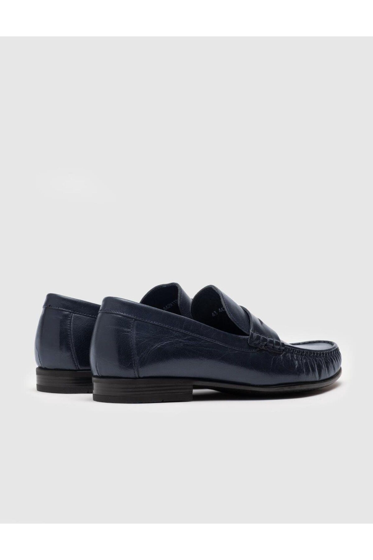 Cabani-Men's Genuine Leather Navy Blue Loafer Shoes with Belt Detail 3