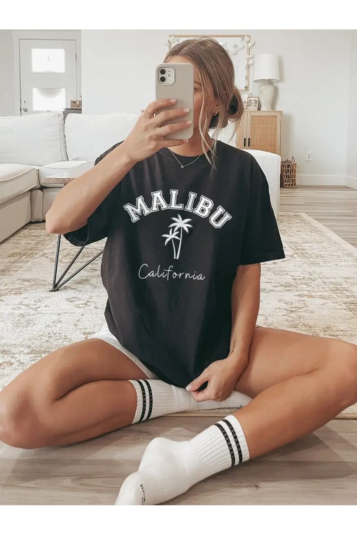 WOODROFFE Kadın MALIBU Baskılı Siyah T-shirt Oversize Salaş