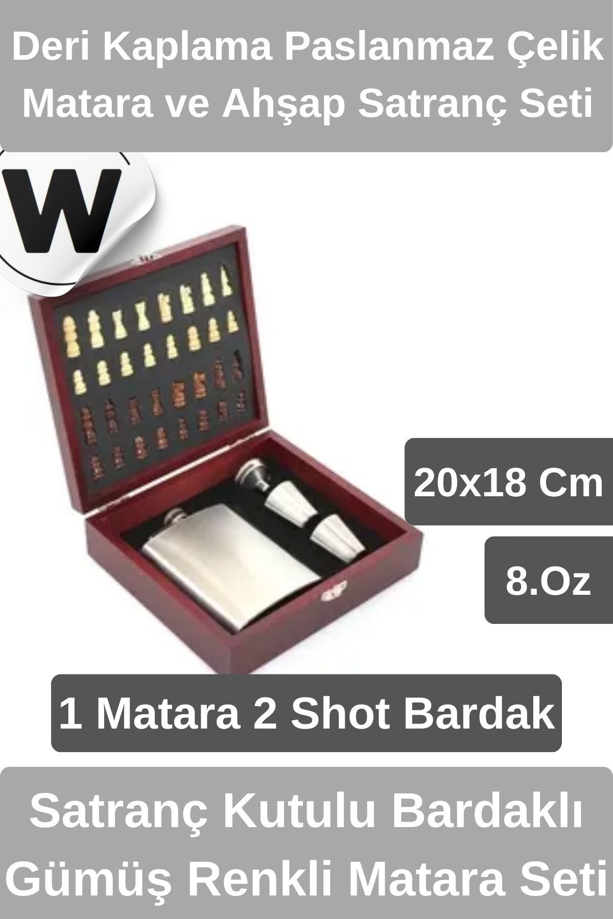 Wonara Premium Ahşap Mini Satranç Kutulu Set ve 2 Shot Bardaklı Deri Kaplama Paslanmaz Çelik Matara Seti