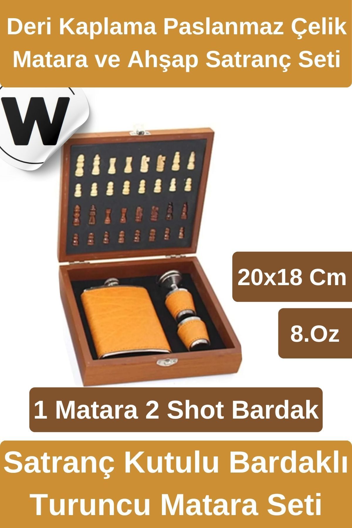 Wonara Premium Ahşap Mini Satranç Kutulu Set ve 2 Shot Bardaklı Deri Kaplama Paslanmaz Çelik Matara Seti