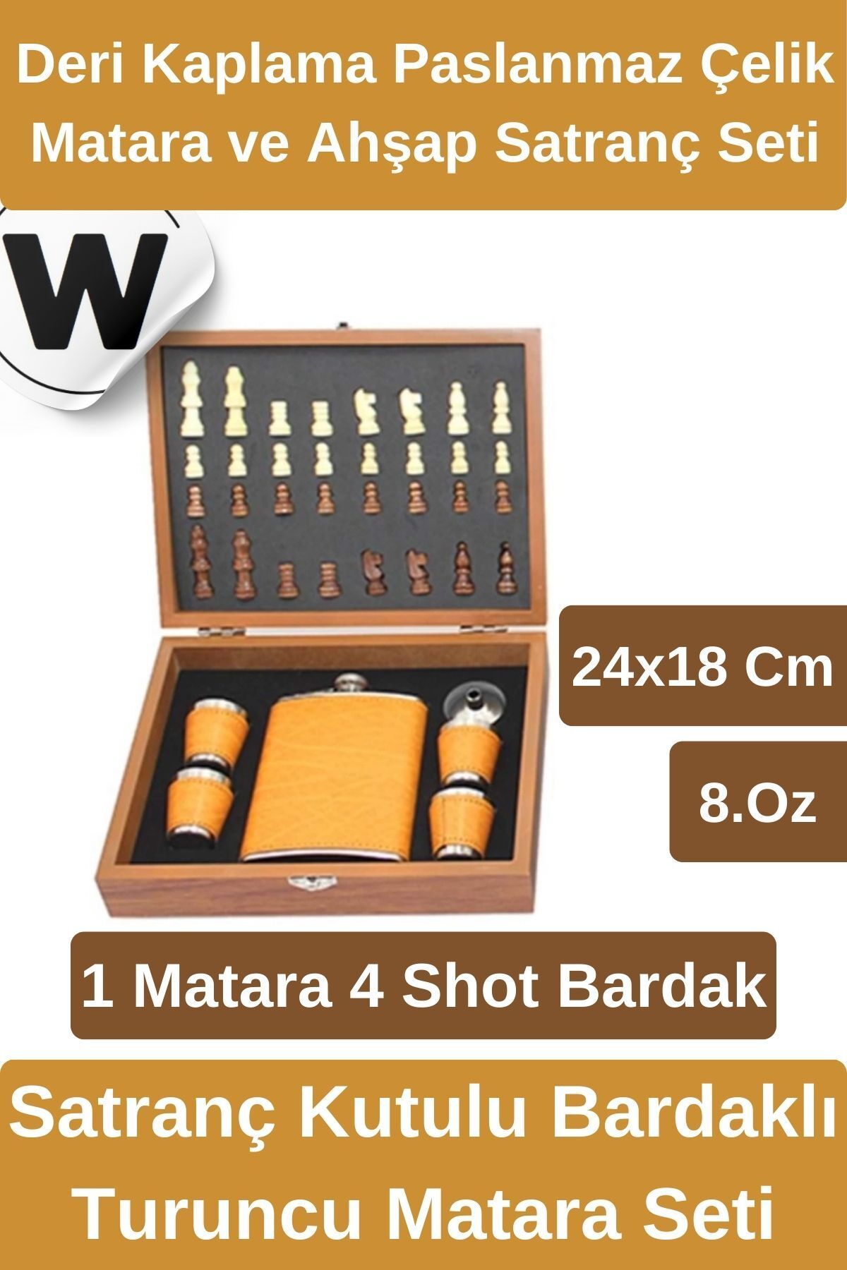 Wonara Premium Ahşap Mini Satranç Kutulu Set ve 4 Shot Bardaklı Deri Kaplama Paslanmaz Çelik Matara Seti