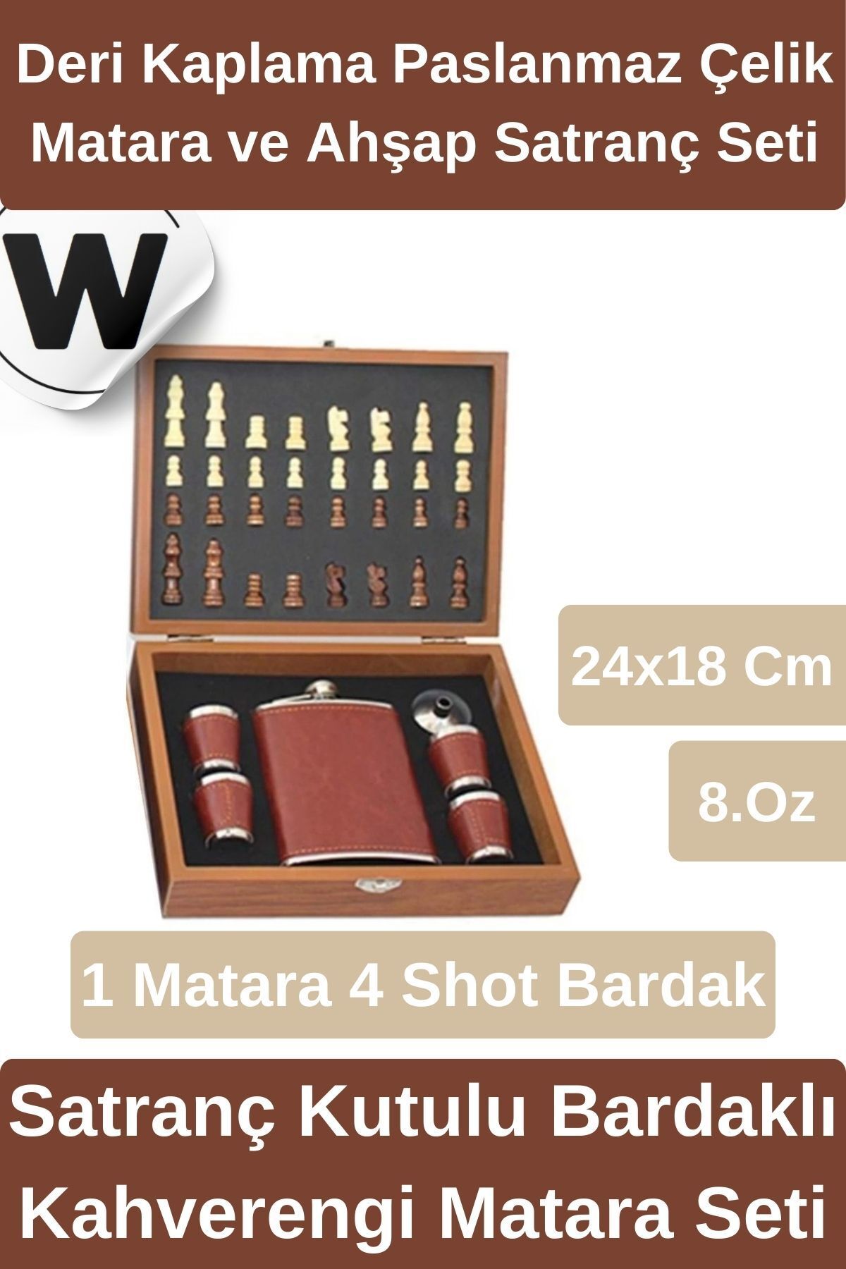 Wonara Premium Ahşap Mini Satranç Kutulu Set ve 4 Shot Bardaklı Deri Kaplama Paslanmaz Çelik Matara Seti