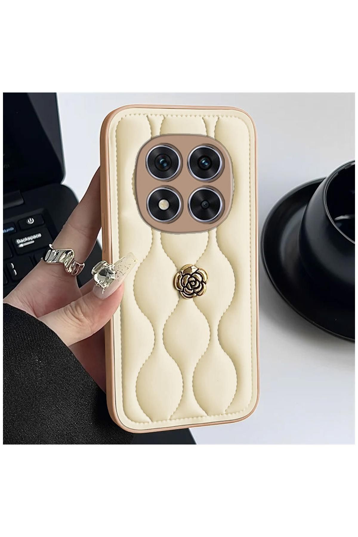 Pro Aksesuar Xiaomi Redmi Note 14 Pro Uyumlu Kılıf Çiçekli Dalgalı Deri Kılıf Bej