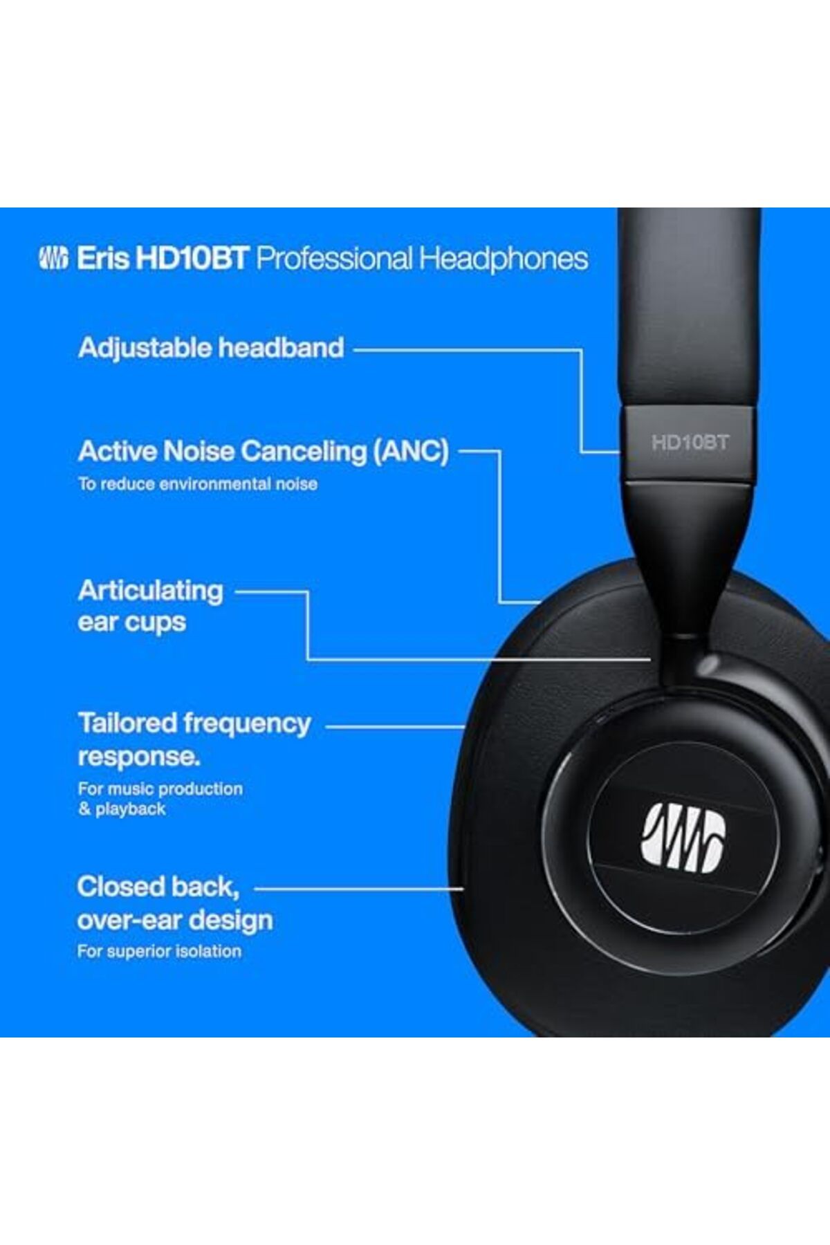 STOREMAX EMLshop Profesyonel Kulaklık Önleyicili, Bluetooth'lu Aktif Gürültü Eris HD10BT, Yeni VDesing 9