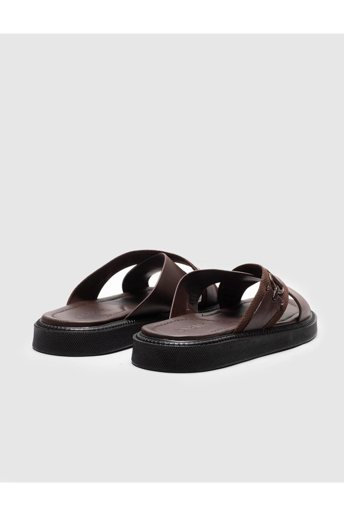 Cabani-Genuine Leather Brown Belted Men's Casual Slippers 3