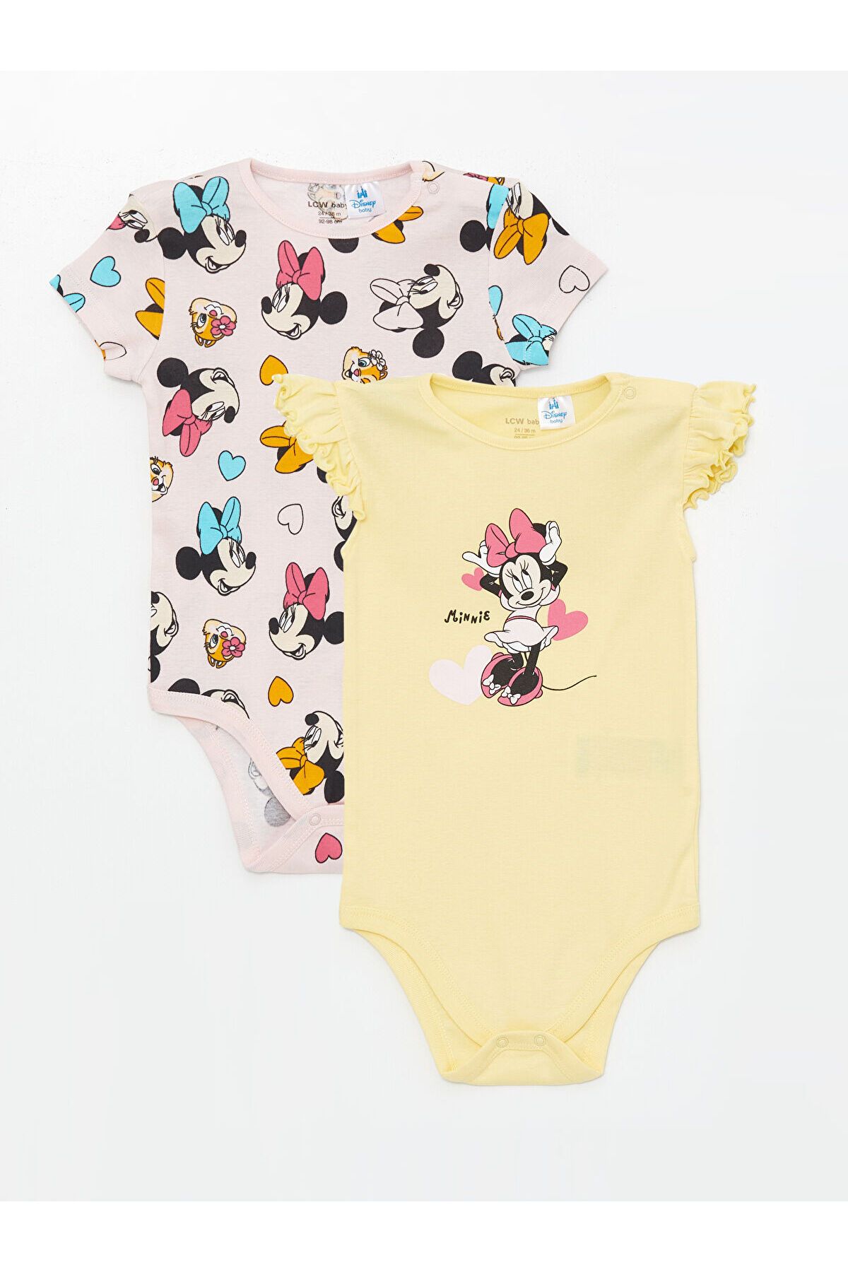 LC Waikiki Bisiklet Yaka Kısa Kollu Minnie Mouse Baskılı Kız Bebek Çıtçıtlı Bodysuit 2'li