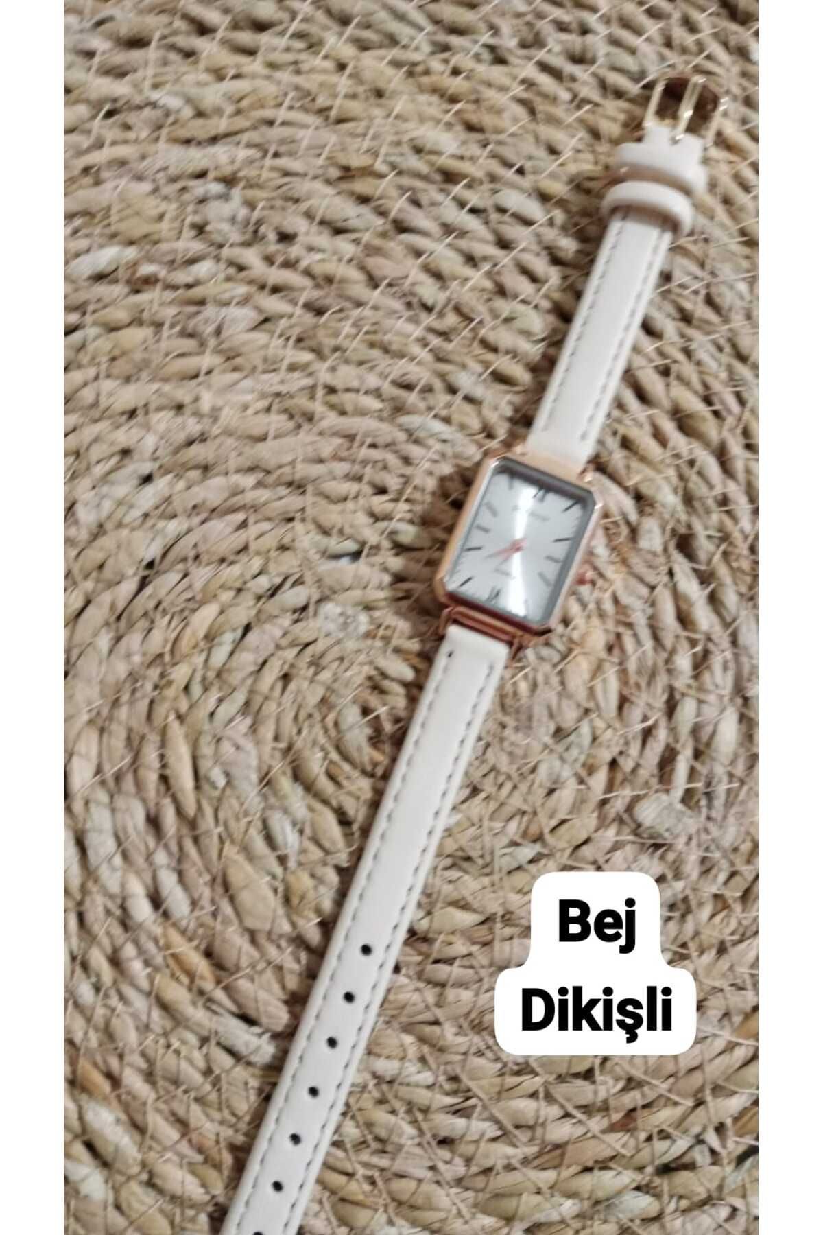 Brality Retro Vintage Model...Kadın Kol Saati...Dikdörtgen ROSE Kasa...Bej Dikişli Kordon- 0088