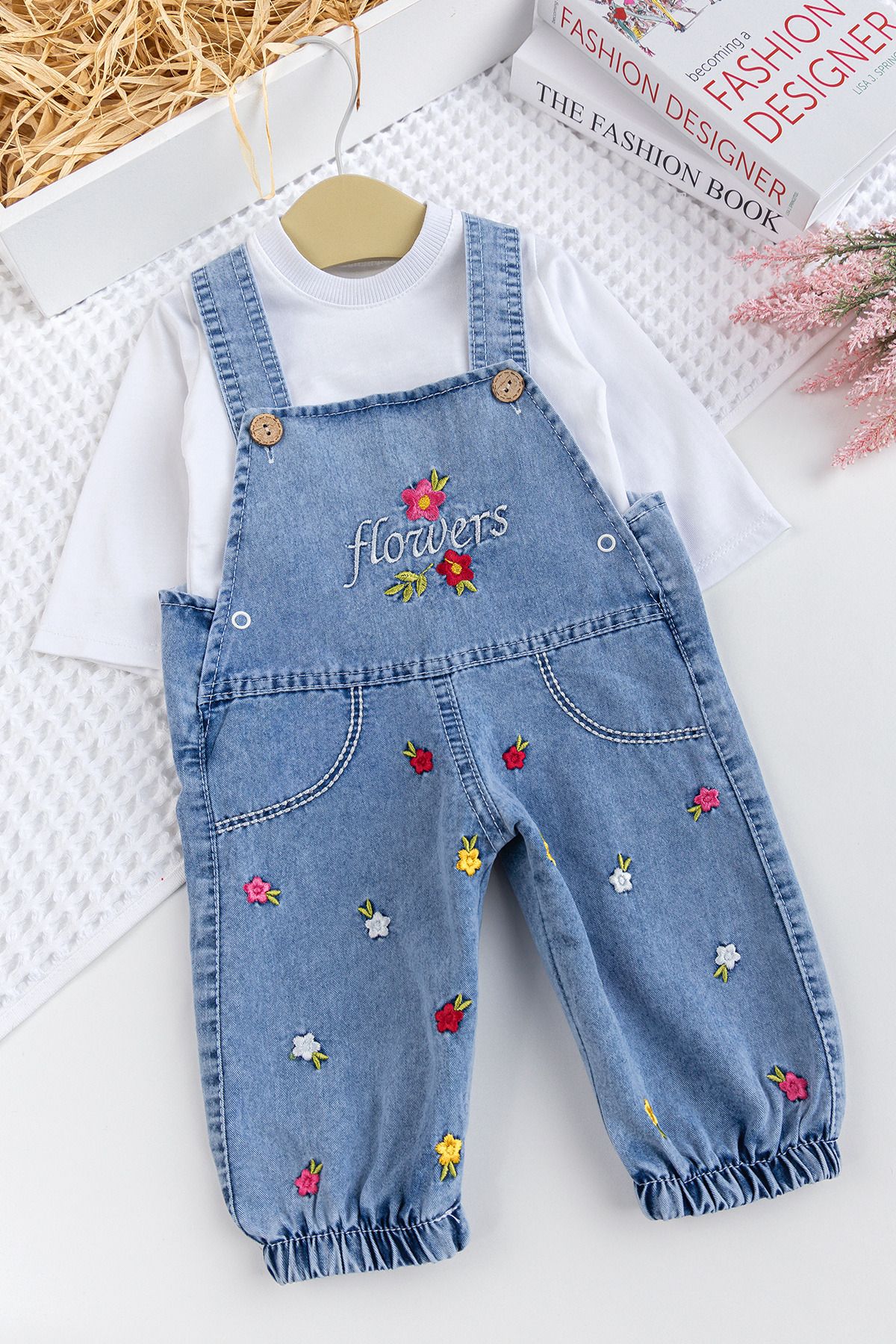 Babymod-Baby Girl Floral Embroidered Cotton 2-Piece Denim Stylish Jeans Overalls Set 1