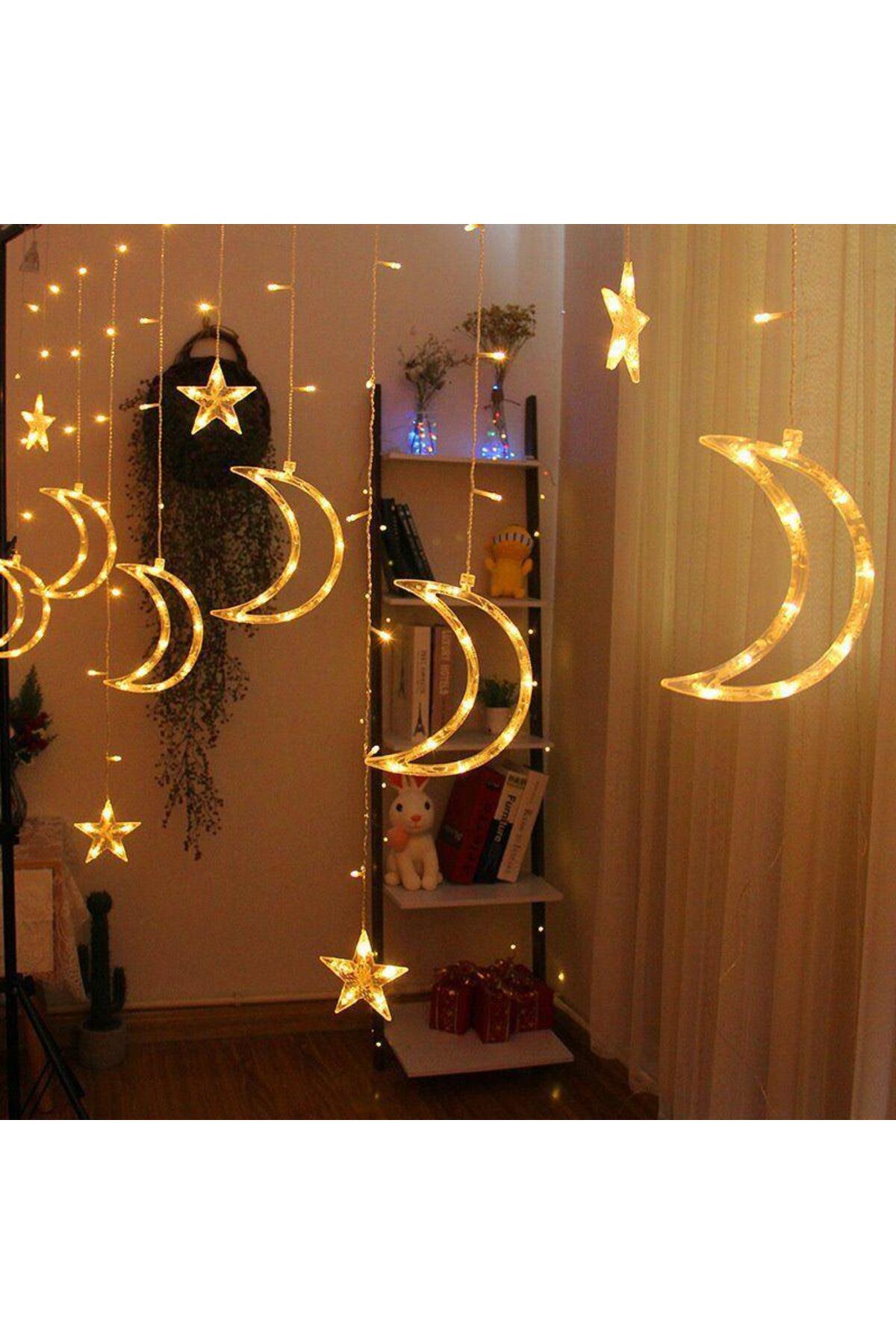 etxShop Ay Yıldız Perde Led 8 Mod Saçaklı Perde Peri Ramazan Süs Işık ...