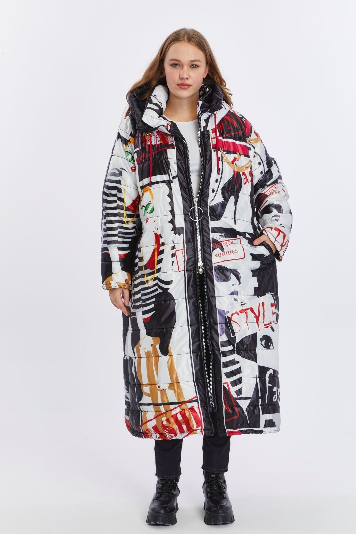 Jacob & Co.-Jacob & Co. Patterned Plus Size Puffy Long Coat 5