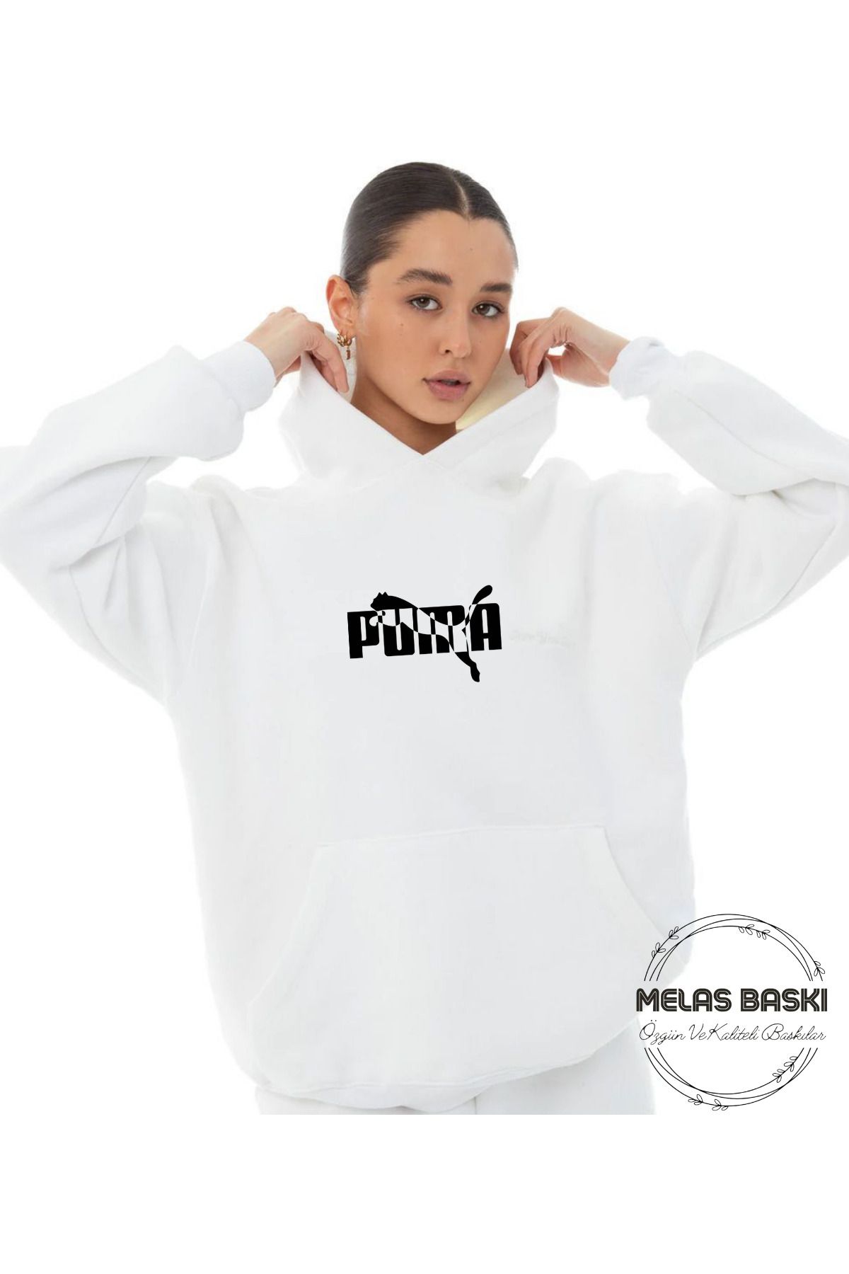 MELAS BASKI %100 PAMUKLU DETAYLI ÜÇ İPLİK ŞARDONLU BEYAZ SWEATSHIRT