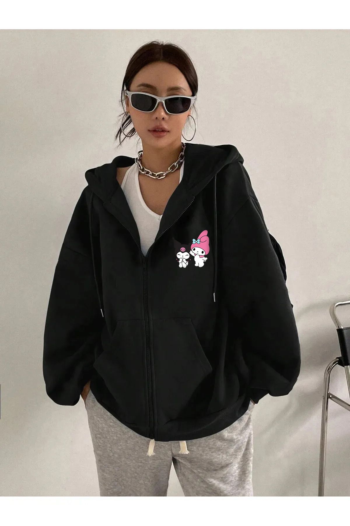 makiteks Hello Kitty Kuromi Baskılı Kapüşonlu Kanguru Cepli Oversize Mevsimlik Fermuarlı Sweatshirt /Hırka