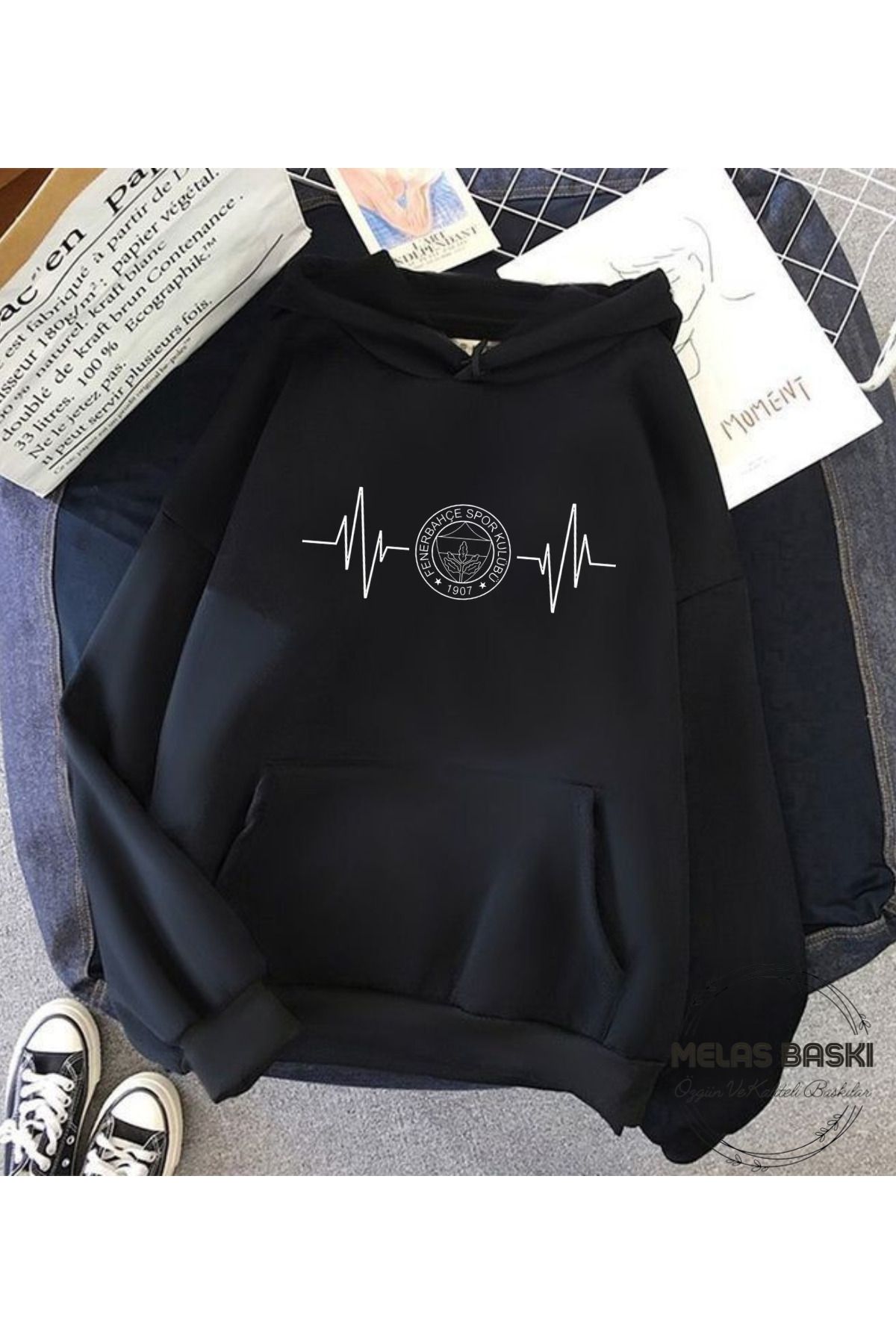 MELAS BASKI %100 PAMUKLU TARAFTAR DETAYLI ÜÇ İPLİK ŞARDONLU SİYAH SWEATSHIRT