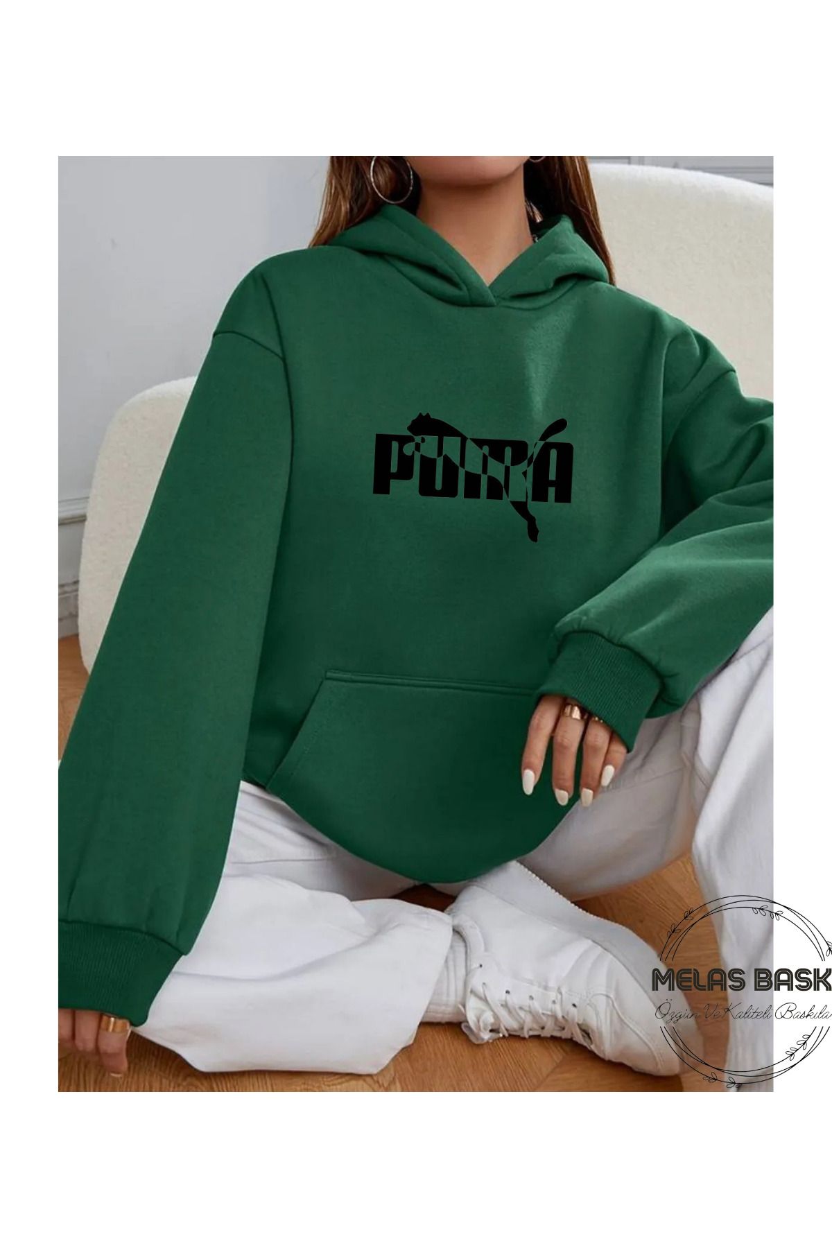 MELAS BASKI %100 PAMUKLU DETAYLI ÜÇ İPLİK ŞARDONLU YEŞİL SWEATSHIRT