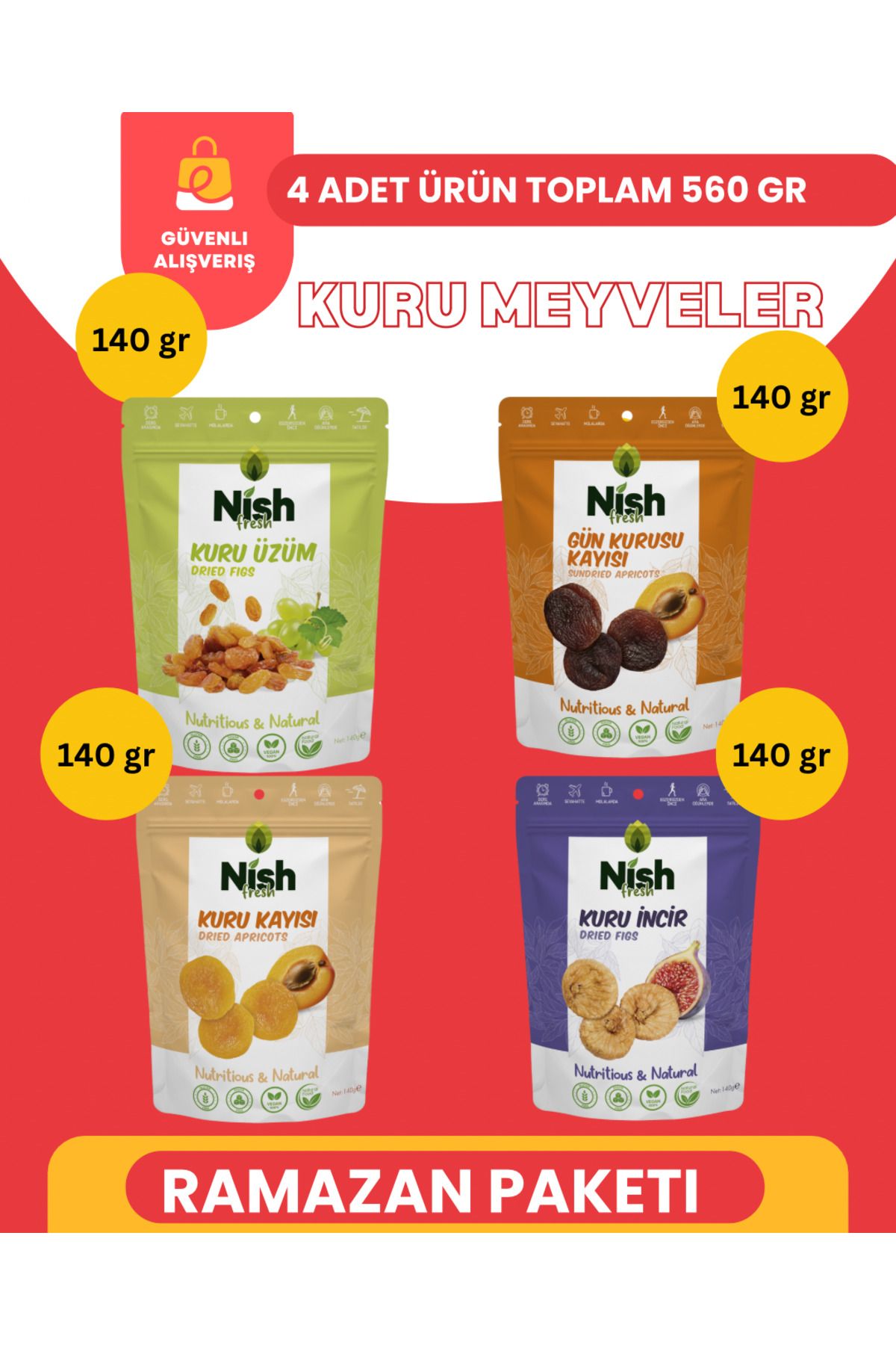 nish fresh Karışık 4 Çeşit Kuru Meyve Paketi-560 Gram