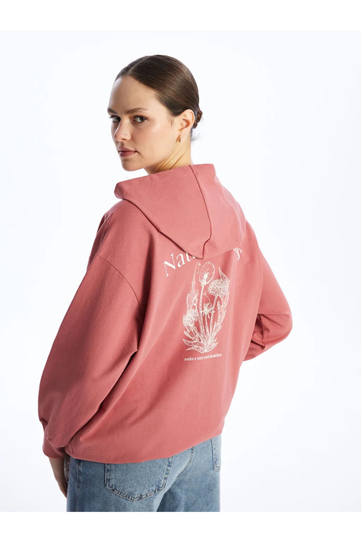 LC Waikiki LCW Modest Pembe Kapüşonlu Baskılı Oversize Kadın Sweatshirt Tunik