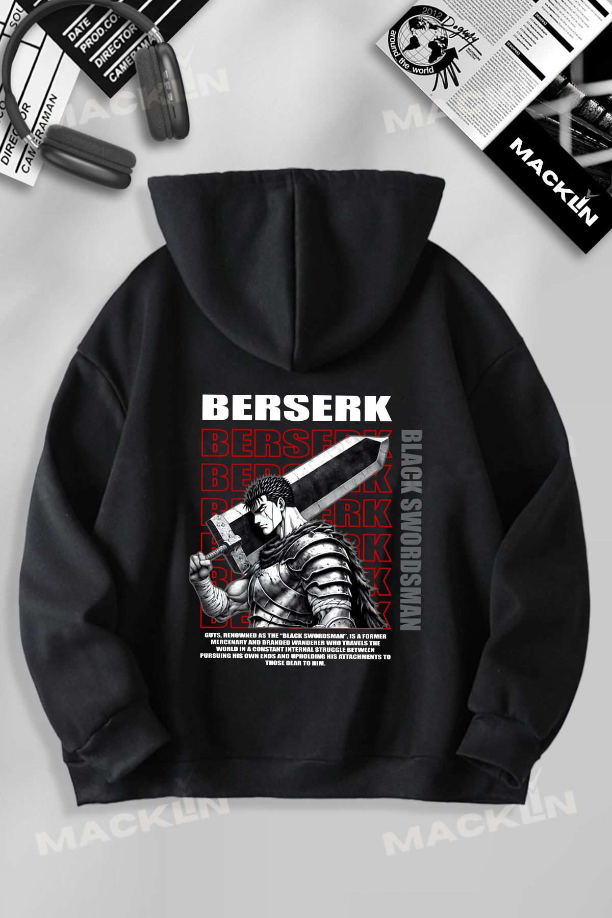 macklin Unisex Kadın Erkek Berserk Black Swordman Baskılı Özel Tasarım Baskılı Kapşonlu Sweatshirt