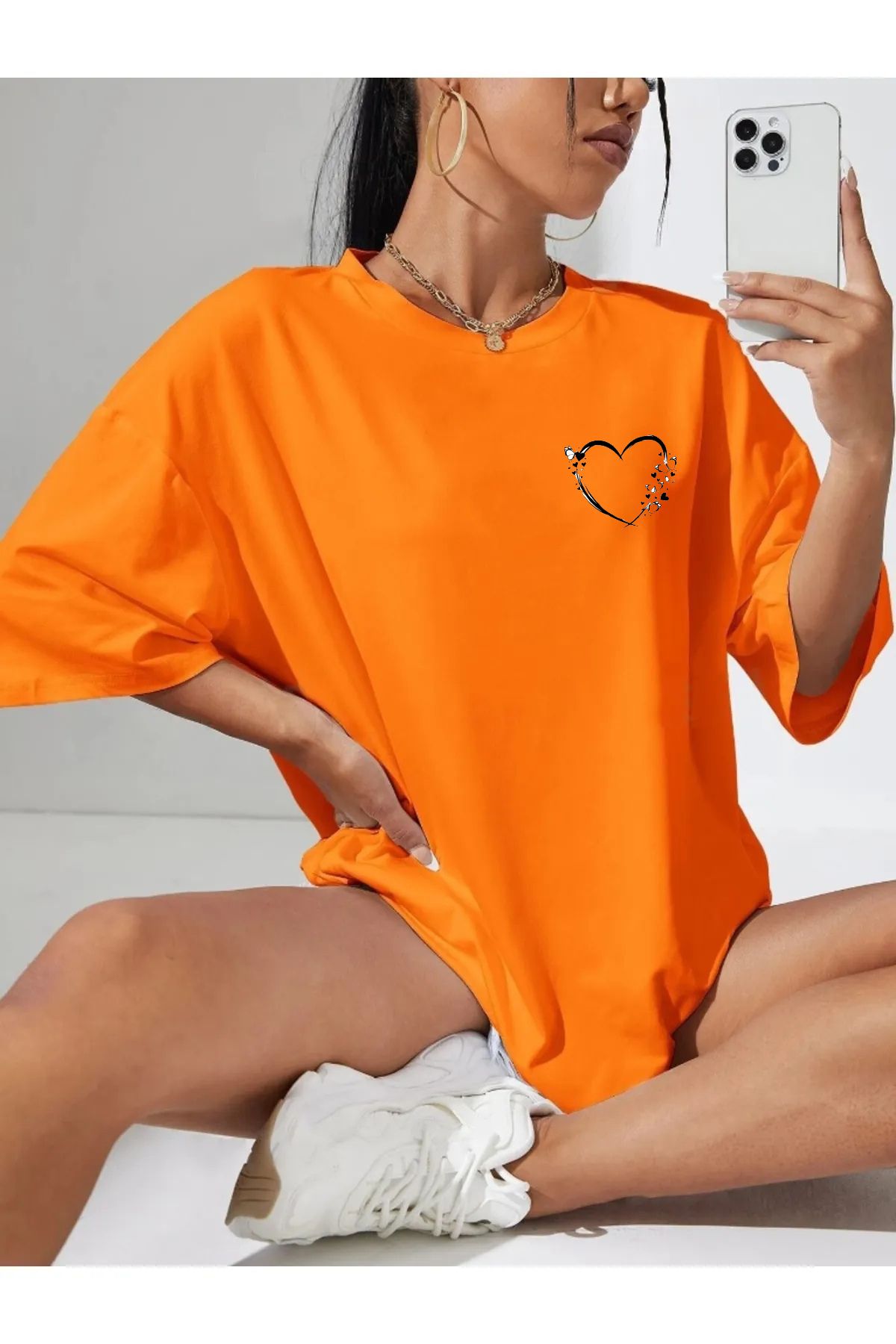 SUPER POZE Kadın kalp Baskılı Yazlık Pamuklu Kumaş Oversize Kalıp Tshirt