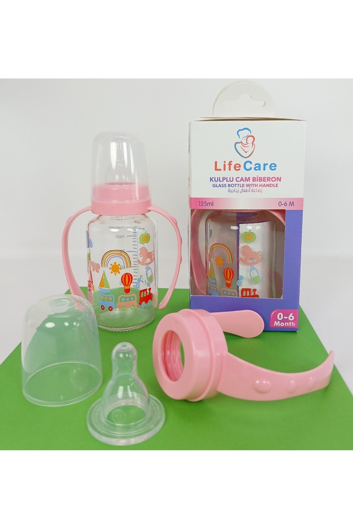 Life Care Kulplu Cam Biberon 125ml pembe