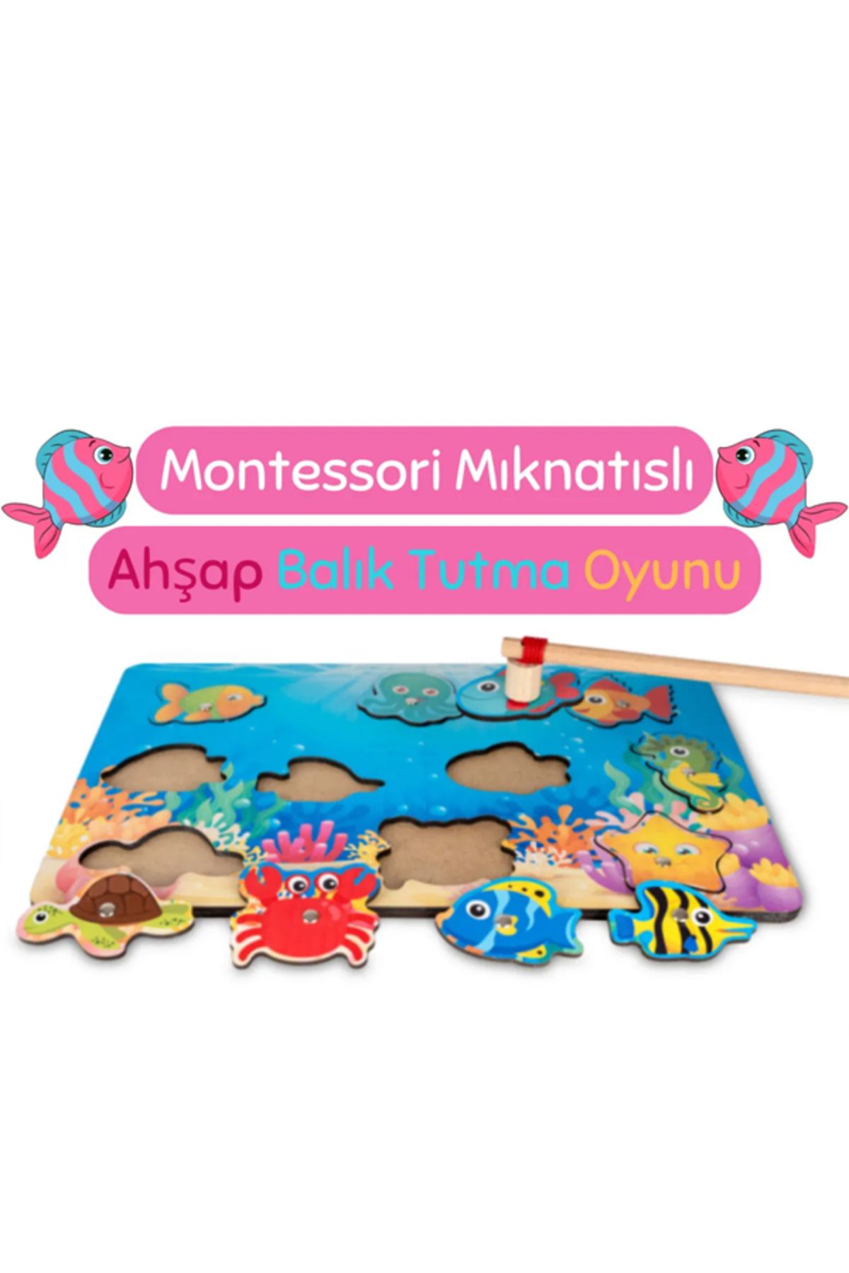 RUSTİKEVDECORART Montessori Mıknatıslı Ahşap Balık Tutma Oyunu / 1+ Yaş / Eğitici, Eğlenceli ve Güvenli Ahşap Puzzle