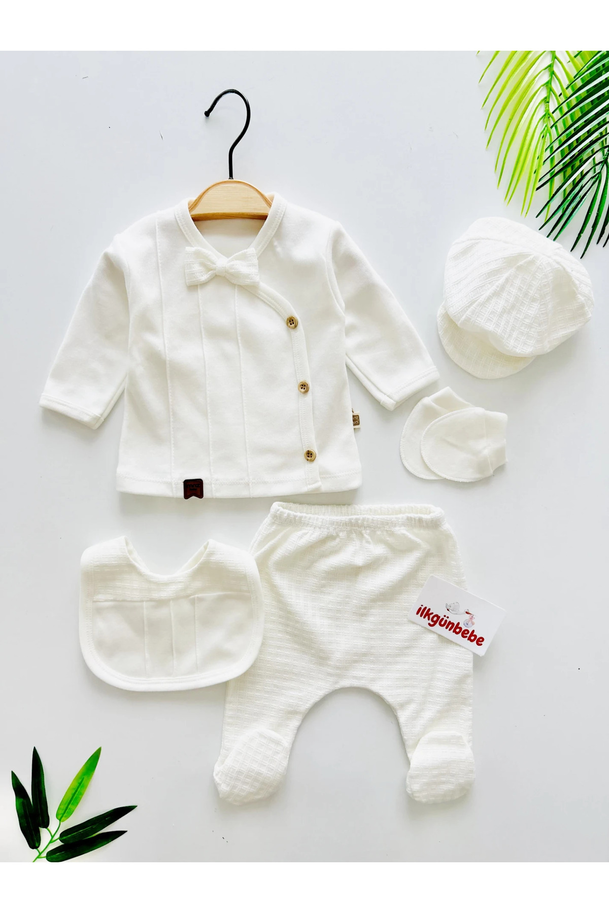 MİNİZEYN TEKSTİL 5'li Nervürlü, Papyonlu Yenidoğan Hastane Çıkış Seti,%100 Pamuklu Bebek Zıbın Seti Mevlüt Takımı fotoğrafı 2 (önizleme)