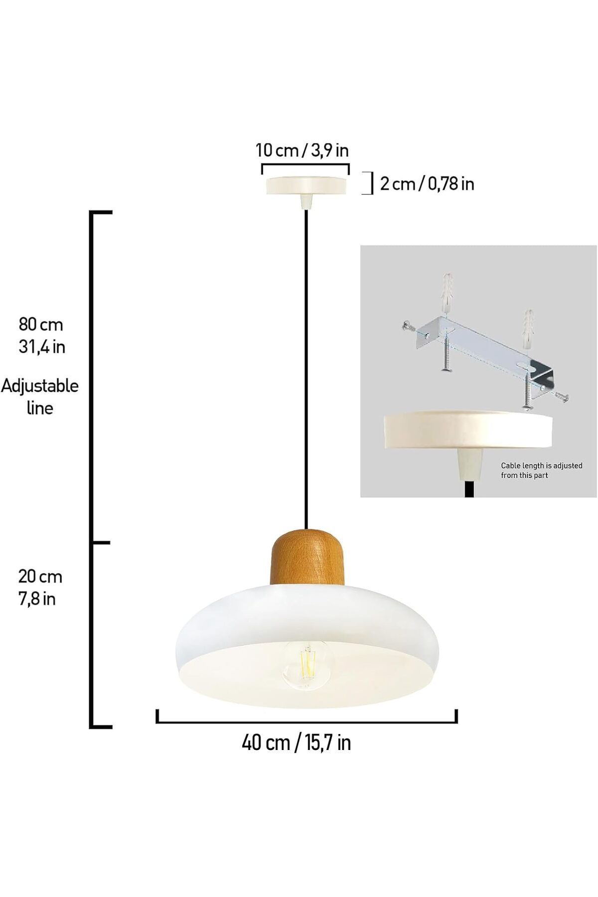 Bamyum-Androa-Holz Hängelampe Esstisch Weiß Metall Ø40 cm, Pendelleuchte Esstisch 5