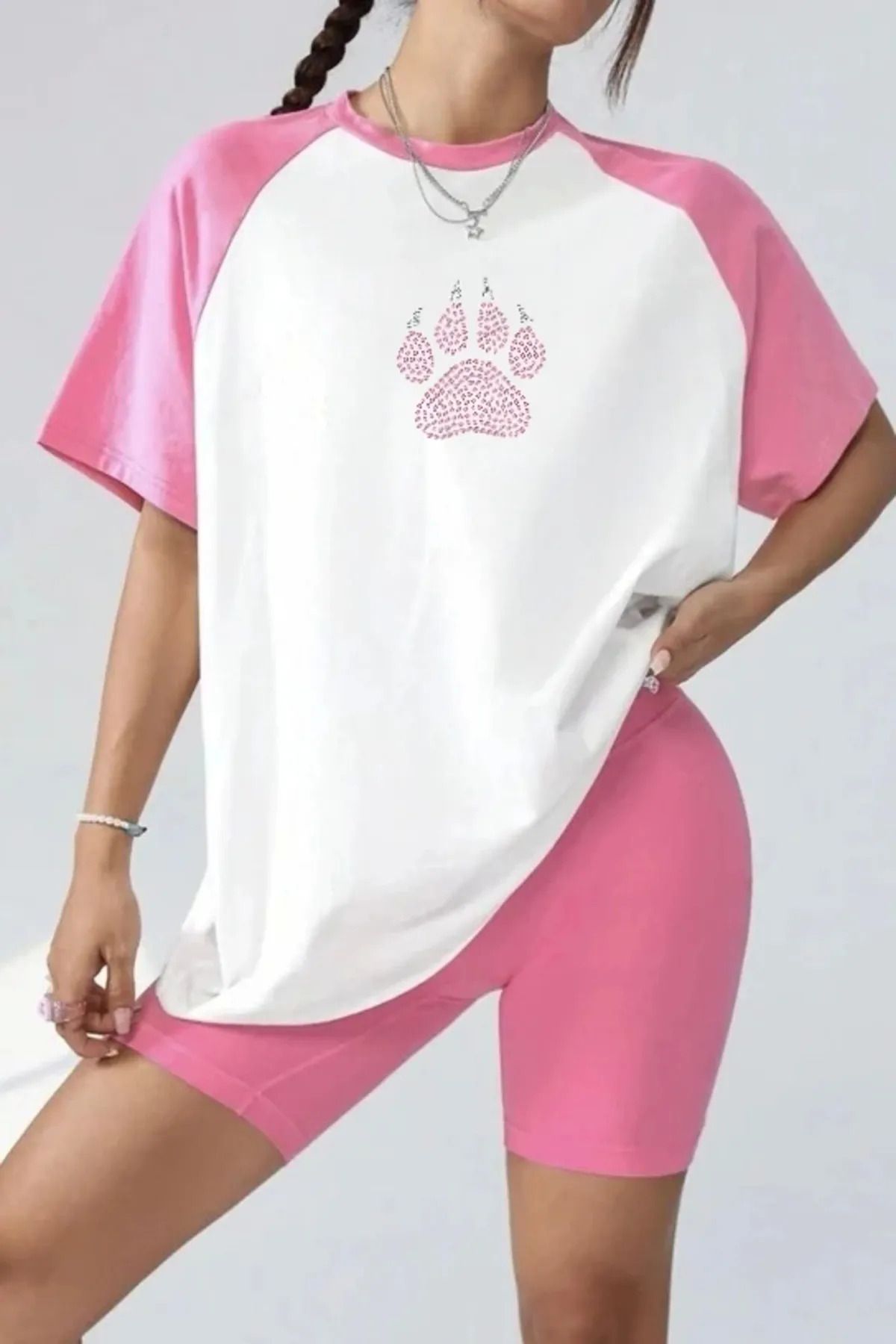 Gofeel Pembe Beyaz Reglan Kollu Oversize Pati Tshirt