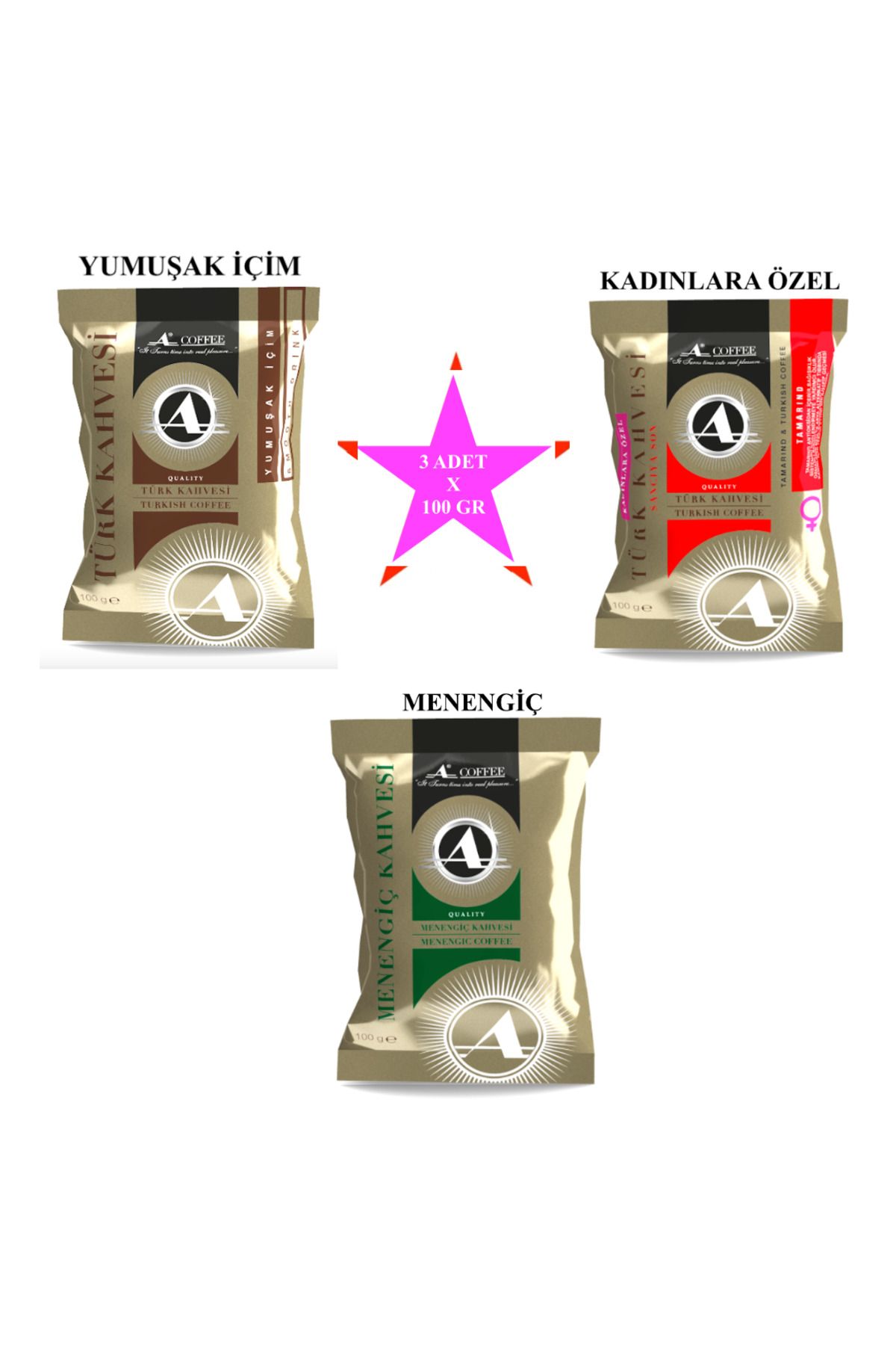 A Coffee Yumuşak İçim Türk Kahvesi + Kadınlara Özel Türk Kahvesi + Menengiç Kahvesi 100 gr X 3 Adet