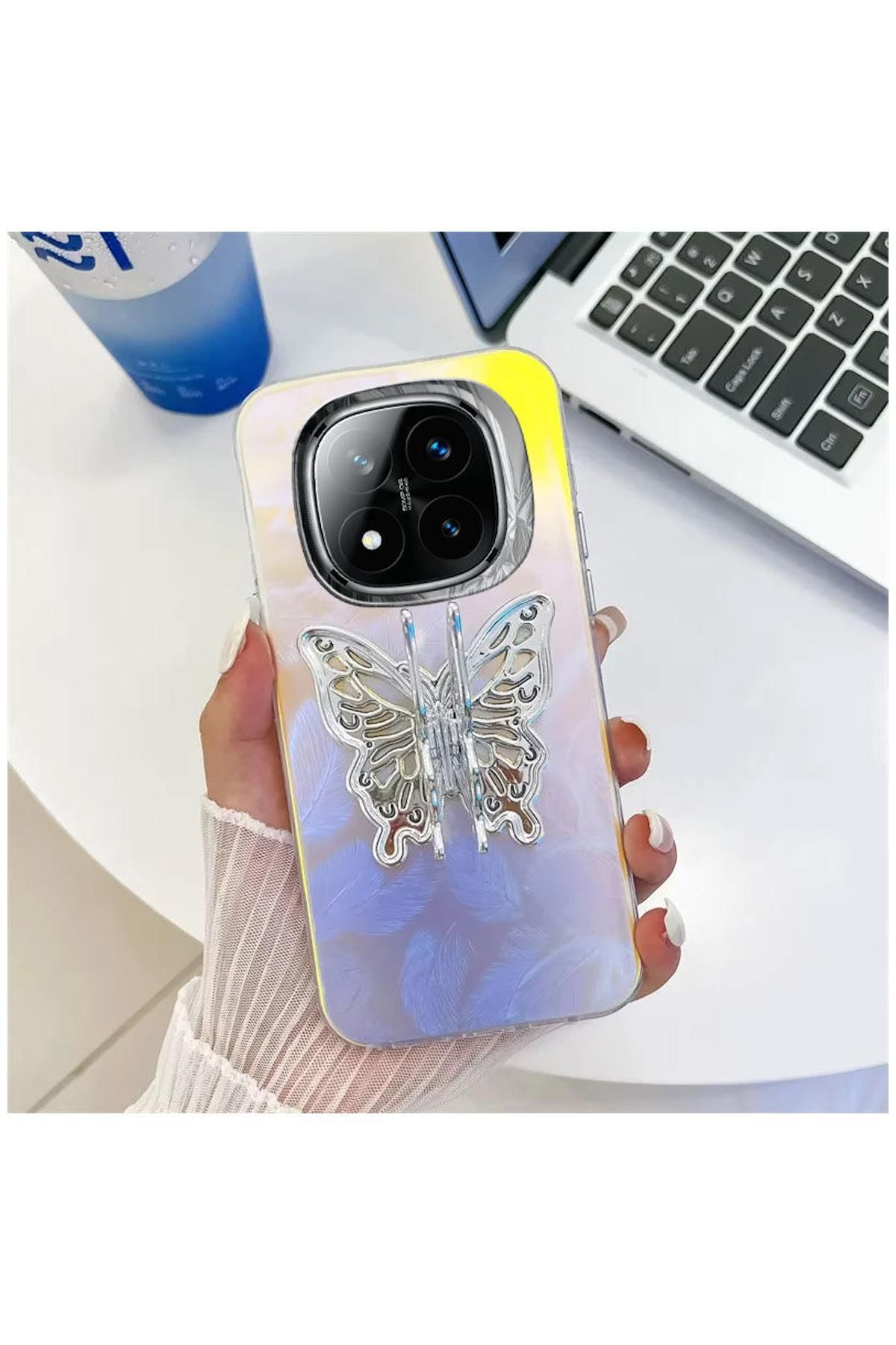 Pro Aksesuar Xiaomi Redmi Note 14 Pro Uyumlu Kılıf Stand Özellikli Kelebekli Silikon Kılıf Desen 1