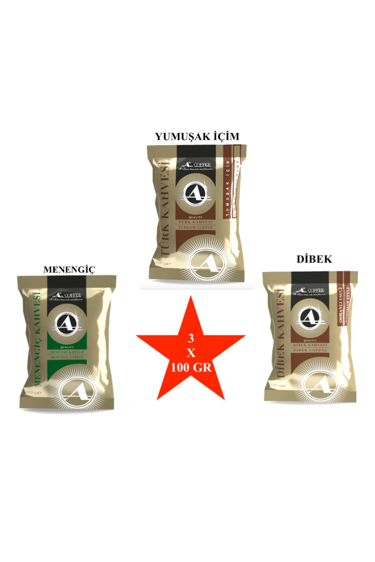 A Coffee Yumuşak İçim Türk Kahvesi + Dibek Kahvesi + Menengiç Kahvesi (Tanıtıma Özel Fiyat) 100 gr X 3 Adet