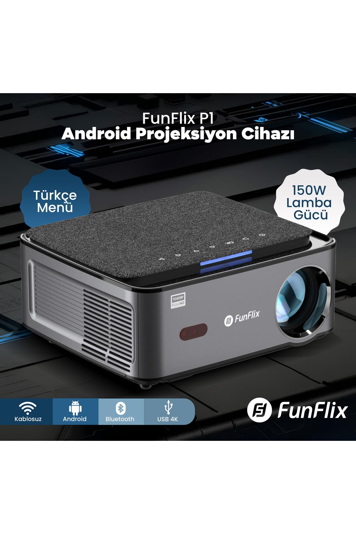 FunFlix P1 Android 4K Destekli LED Full Hd Projeksiyon Cihazı, Bluetooth, 150W Lamba, 300 Inç