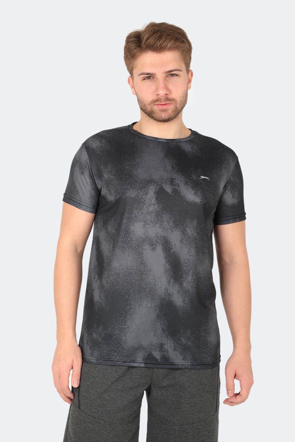 Slazenger Günlük Bisiklet Yaka Desenli Yarım Kol T-Shirt Üst Erkek Tişört Siyah