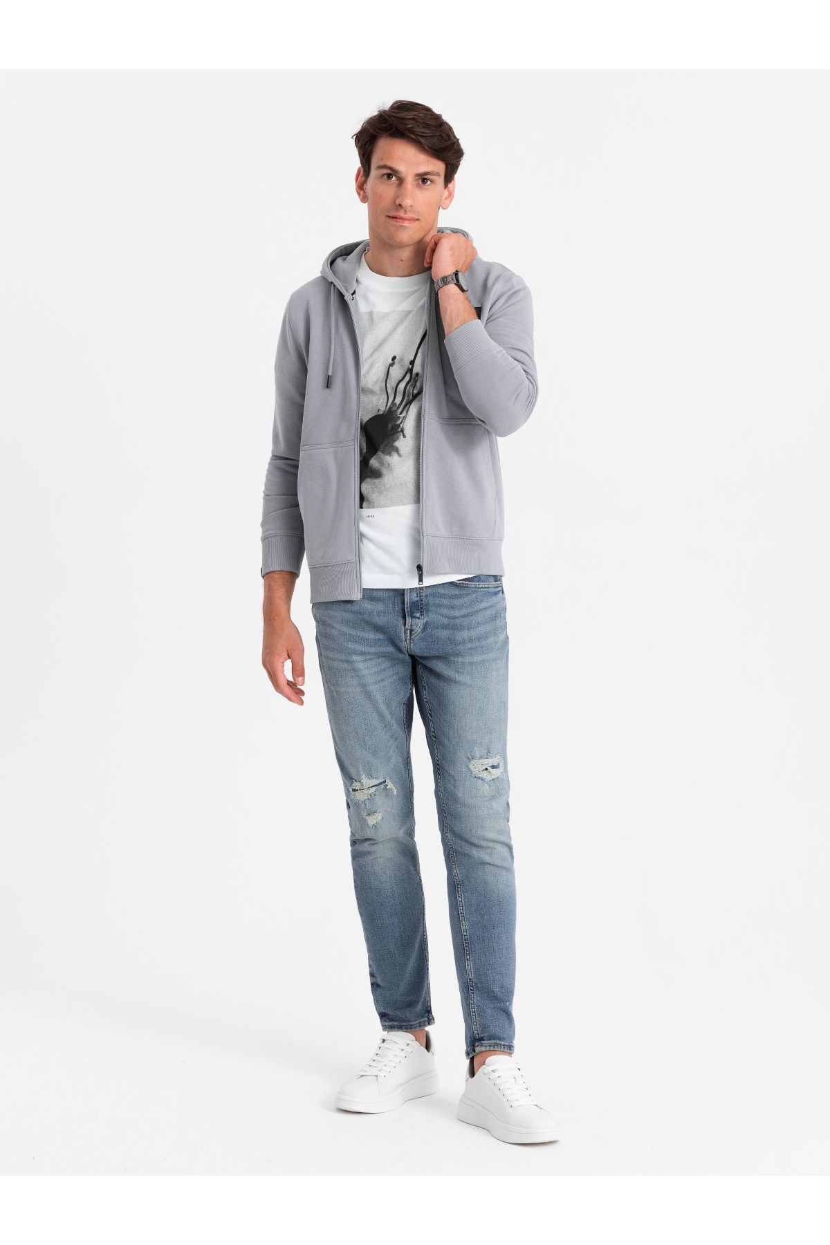 OMBRE-Aufgeknöpftes Herren-Sweatshirt mit Kapuze und Patch - grau V1 OM-SSZP-0140 XXL 5