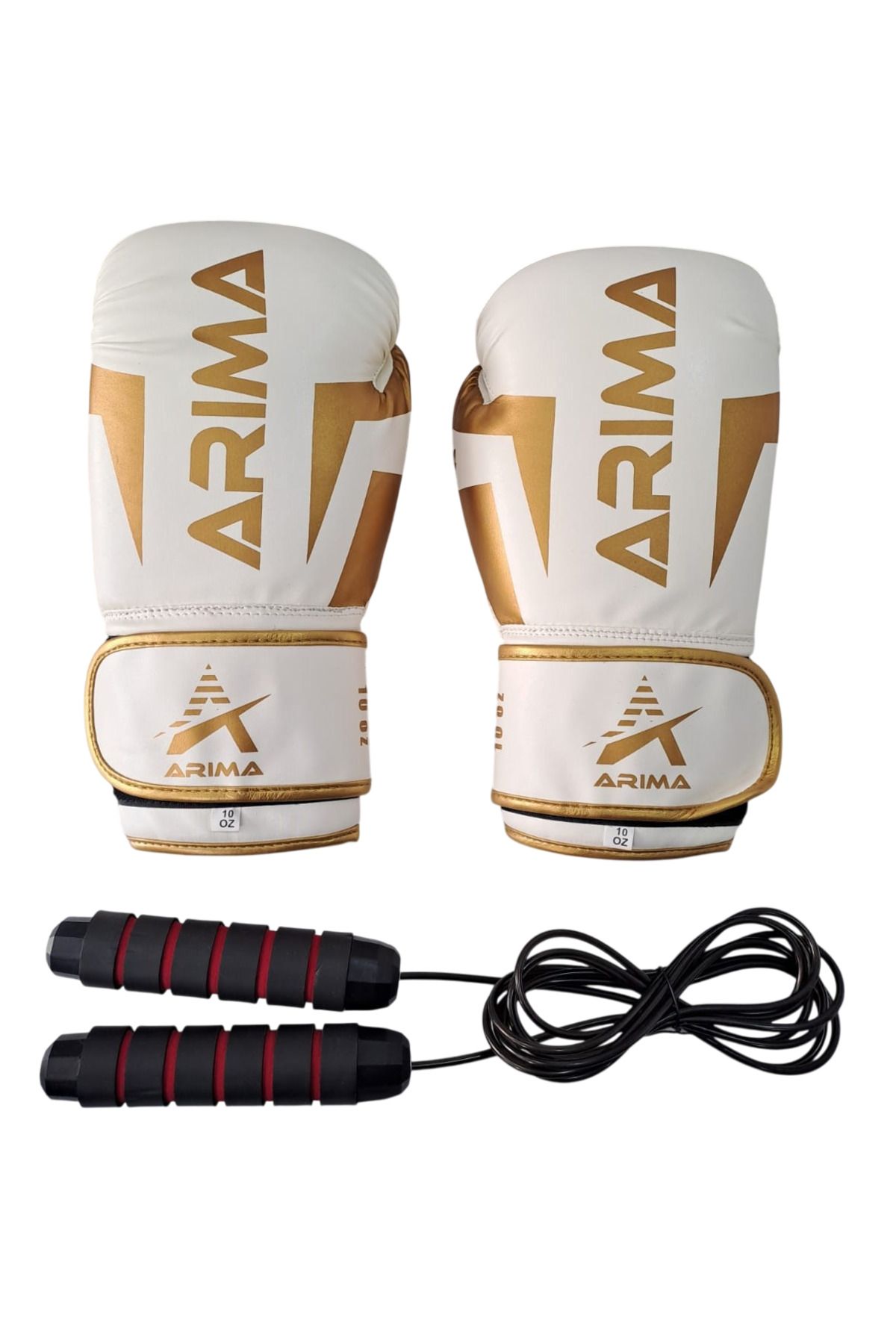 ARIMA Arıma Boks Kickboks Muaythai Eldiveni Beyaz-Gold + Atlama İpi  SET